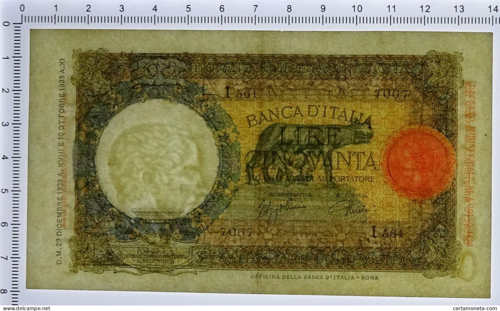 50 LIRE CAPRANESI LUPA CAPITOLINA MARGINE LARGO FASCIO ROMA 29/12/1939 BB/SPL - Sonstige