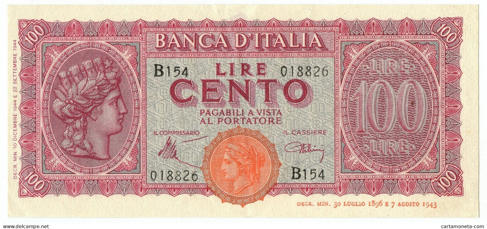 100 LIRE ITALIA TURRITA TESTINA 10/12/1944 SPL/SPL+ - Andere