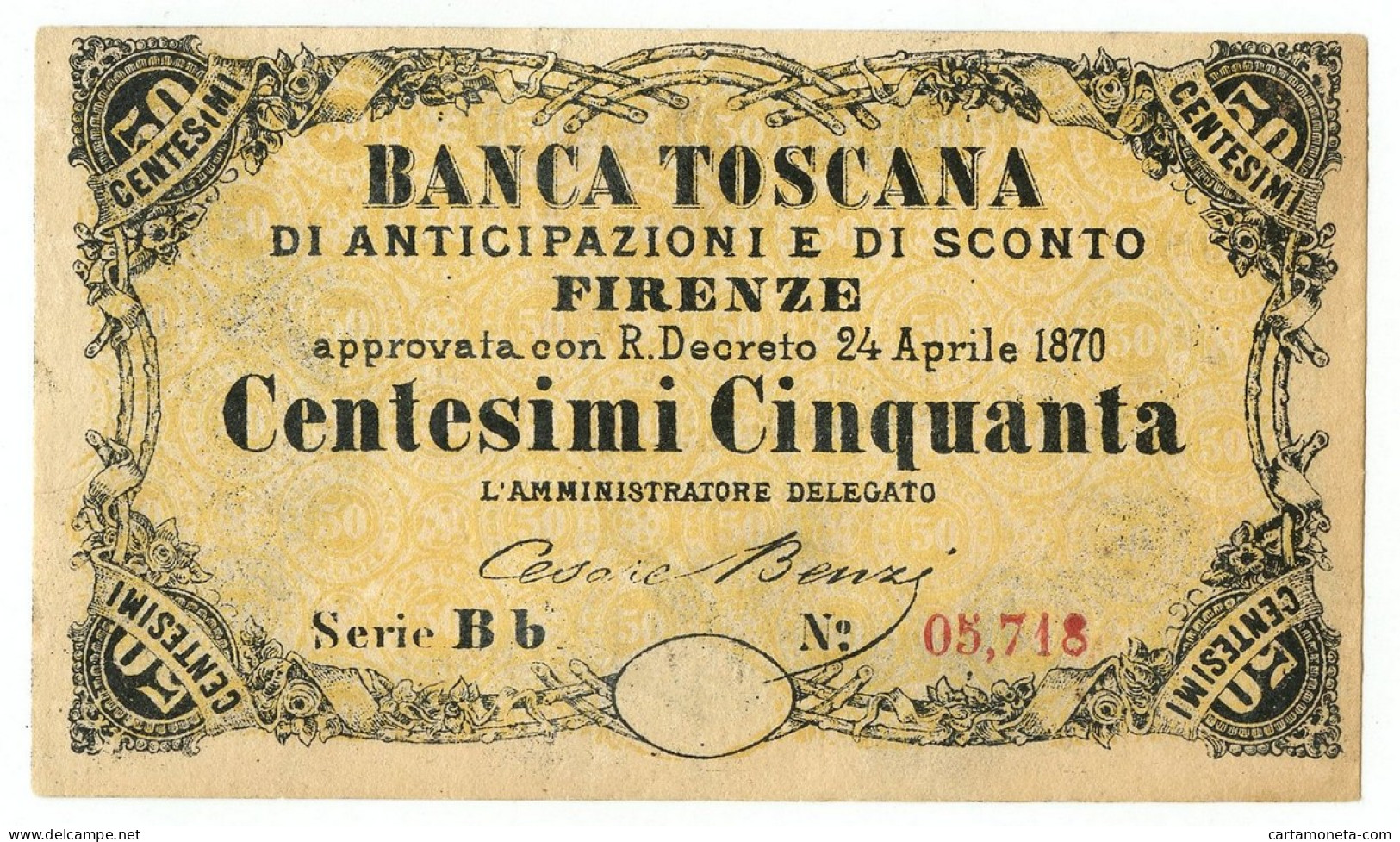 50 CENTESIMI BANCA TOSCANA DI ANTICIPAZIONE E SCONTO FIRENZE 24/04/1870 QSPL - Autres & Non Classés