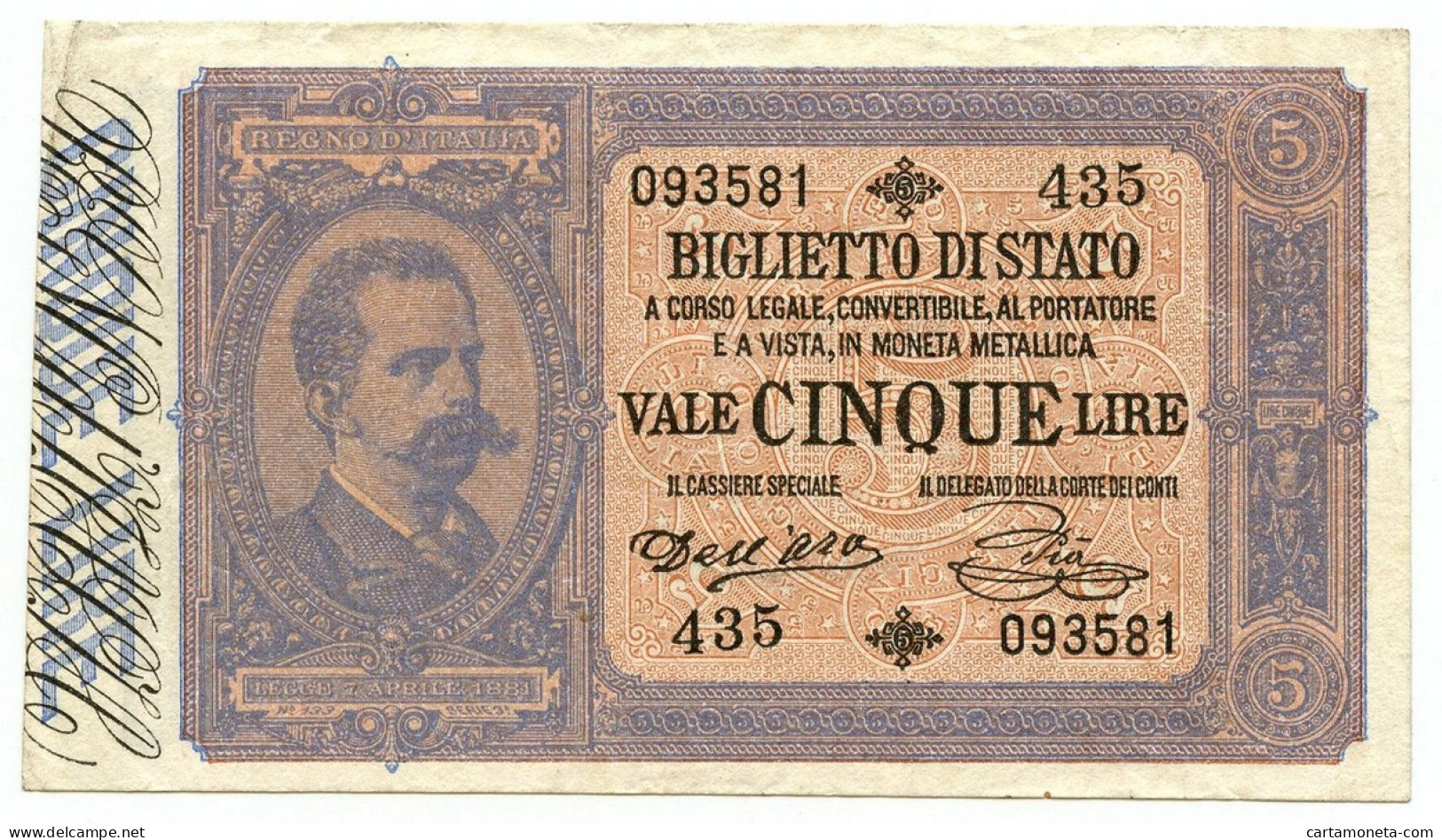 5 LIRE BIGLIETTO DI STATO EFFIGE UMBERTO I 06/08/1889 BB/SPL - Sonstige