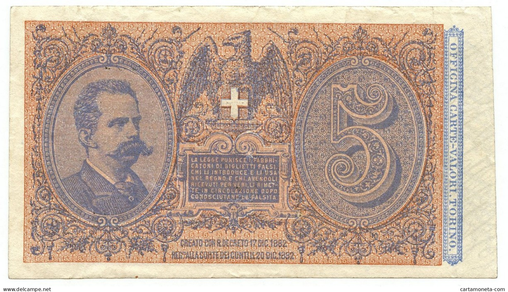 5 LIRE BIGLIETTO DI STATO EFFIGE UMBERTO I 06/08/1889 BB/SPL - Sonstige