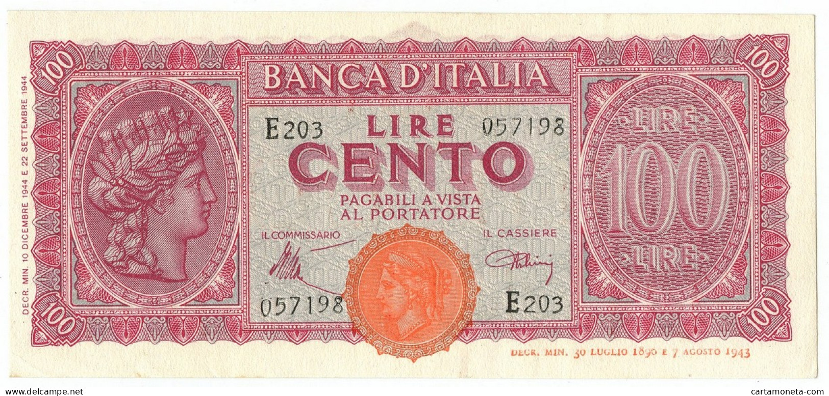 100 LIRE ITALIA TURRITA TESTINA 10/12/1944 SPL - Regno D'Italia – Other