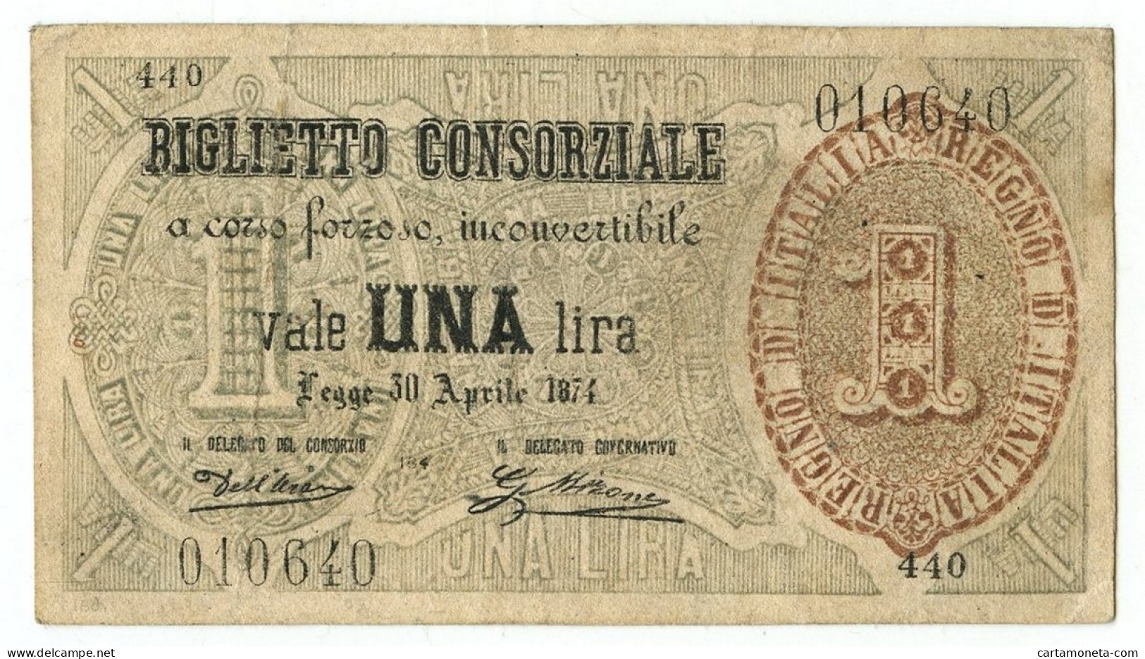 1 LIRA FALSO D'EPOCA BIGLIETTO CONSORZIALE REGNO D'ITALIA 30/04/1874 MB/BB - [ 8] Fakes & Specimens