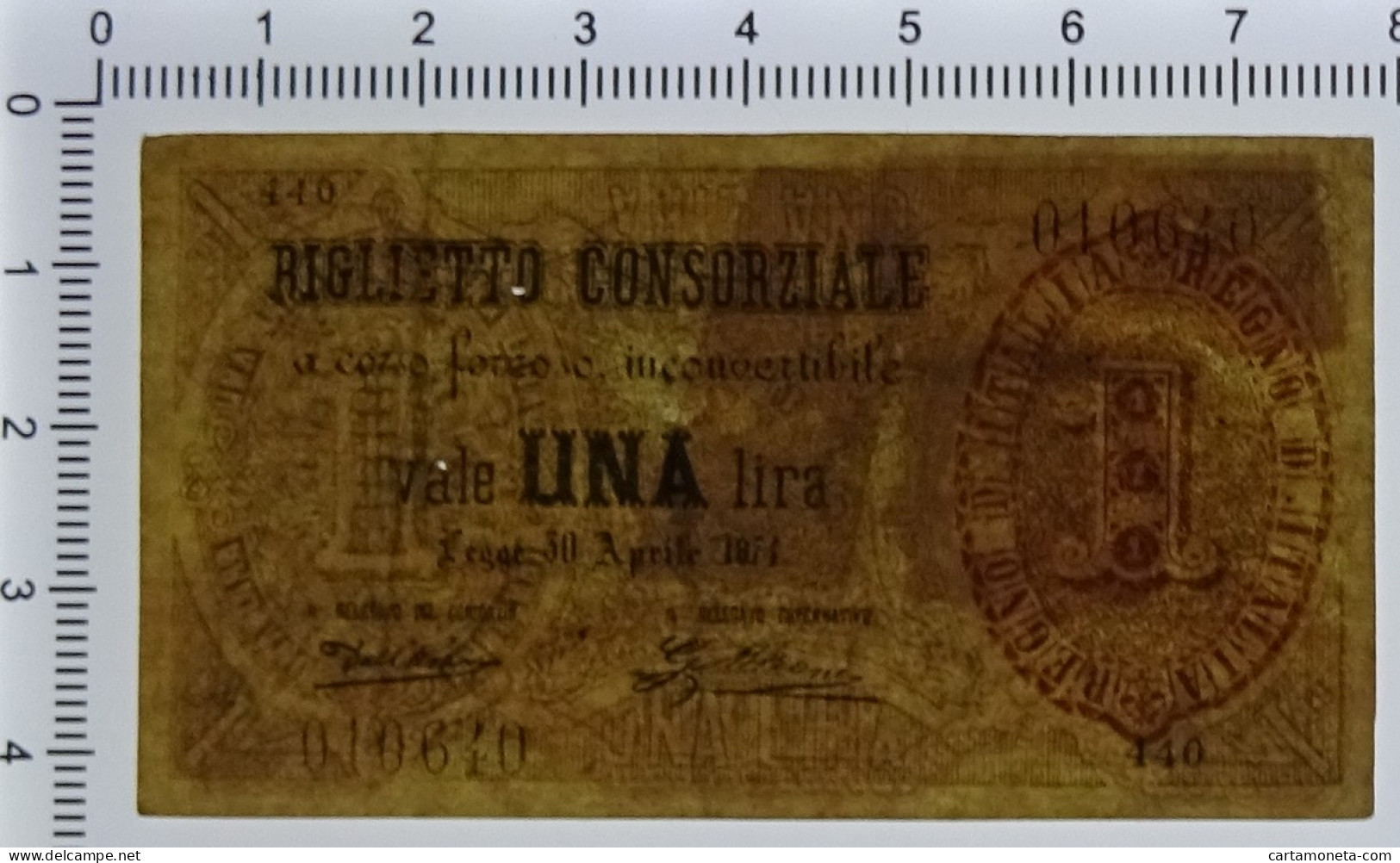 1 LIRA FALSO D'EPOCA BIGLIETTO CONSORZIALE REGNO D'ITALIA 30/04/1874 MB/BB - [ 8] Fakes & Specimens