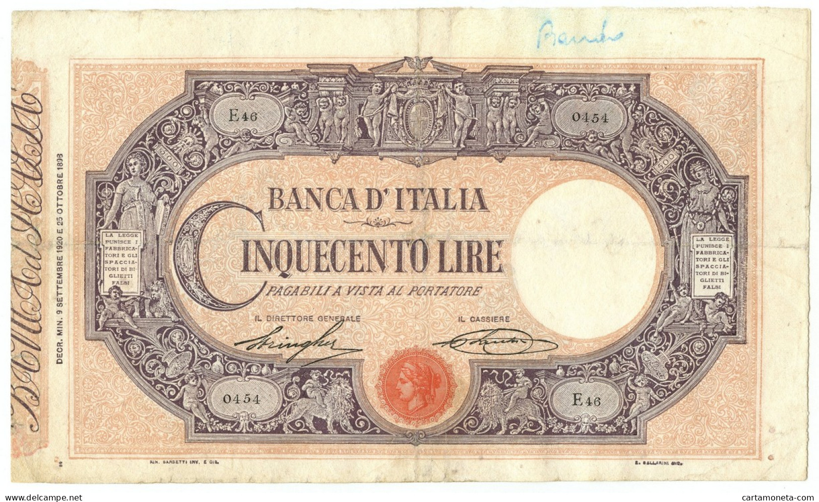 500 LIRE BARBETTI GRANDE C MATRICE LATERALE TESTINA DECRETO 09/09/1920 MB+ - Regno D'Italia – Other