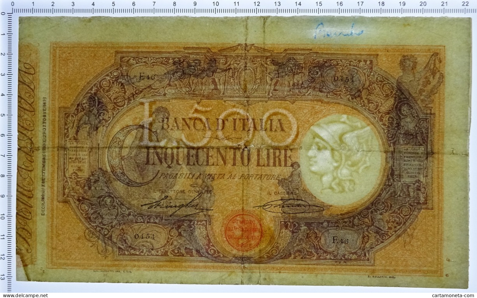 500 LIRE BARBETTI GRANDE C MATRICE LATERALE TESTINA DECRETO 09/09/1920 MB+ - Regno D'Italia – Other