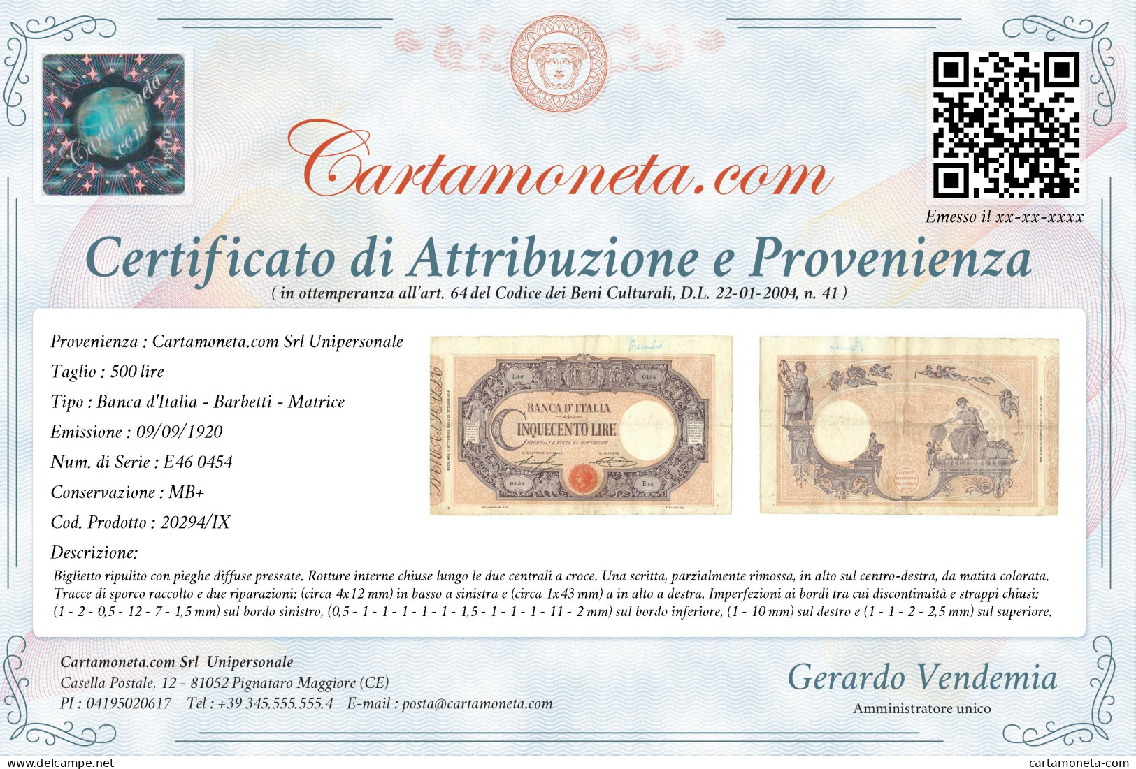 500 LIRE BARBETTI GRANDE C MATRICE LATERALE TESTINA DECRETO 09/09/1920 MB+ - Sonstige