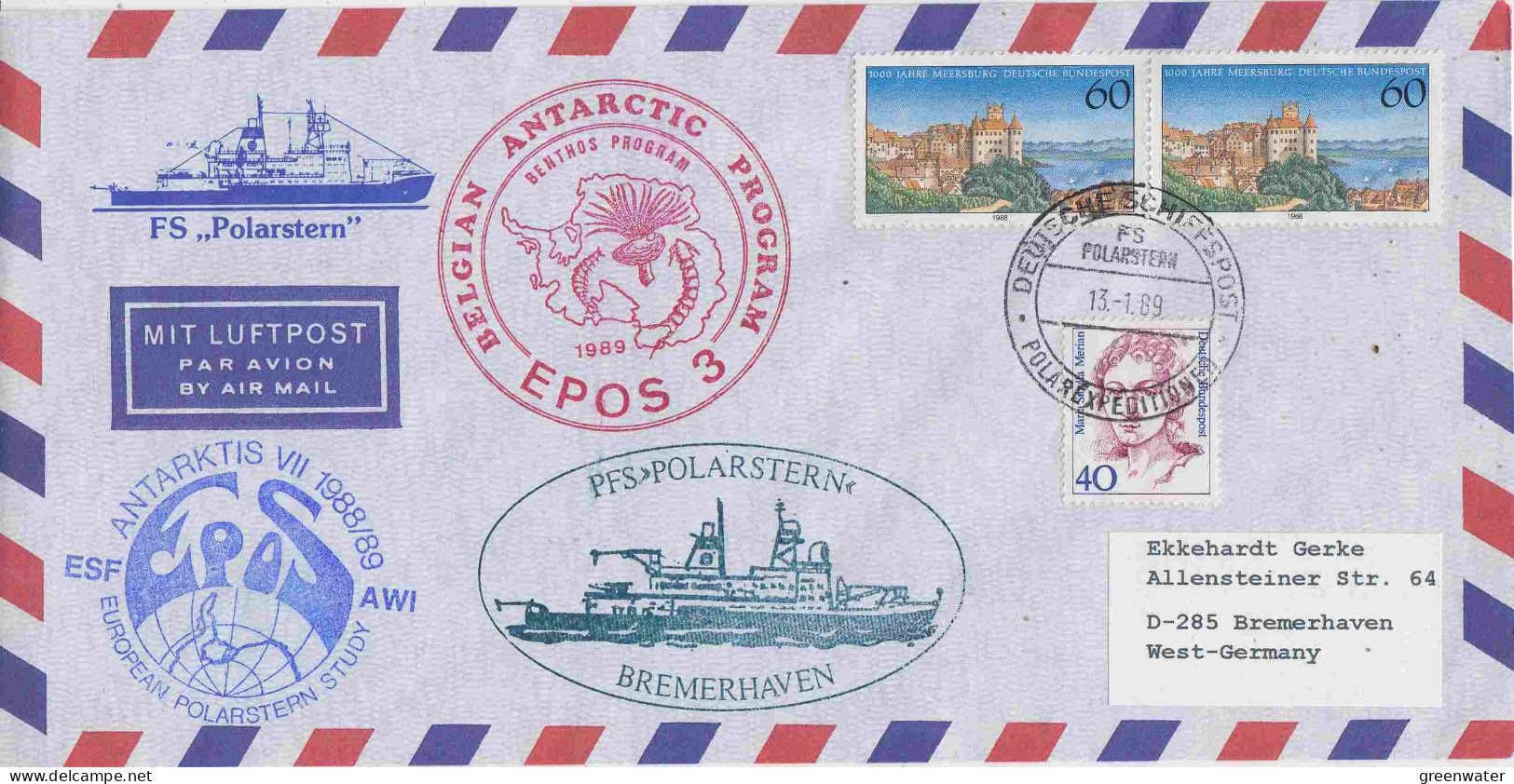 Germany Polarstern European Study Ca Belgium Antarctic Epos 2 Ca Deutsche Polarexpeditionen 13.1.1989 (PT165B) - Navires & Brise-glace