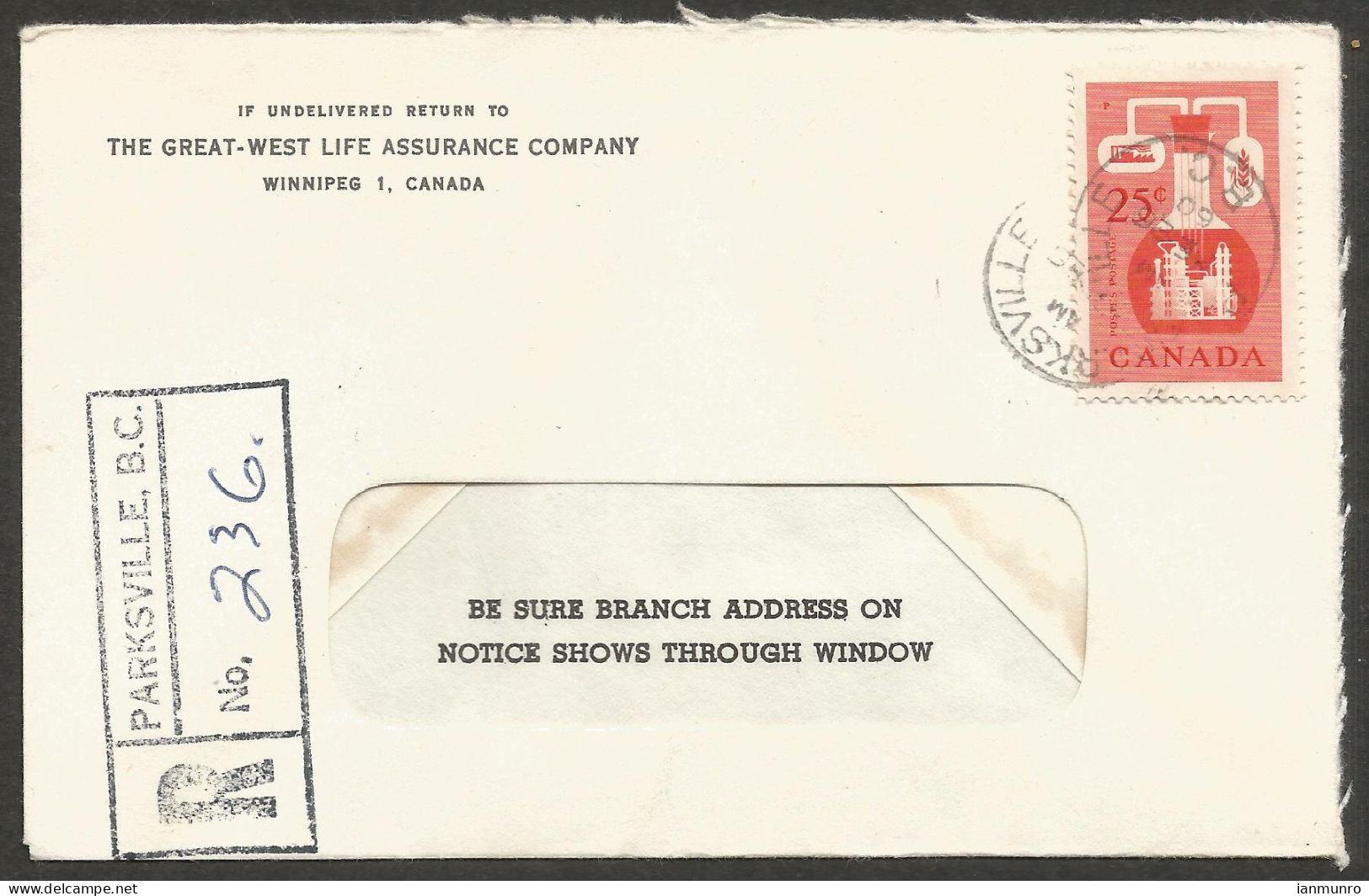 1960 Registered Cover 25c Chemical CDS Parksville BC - Postgeschichte