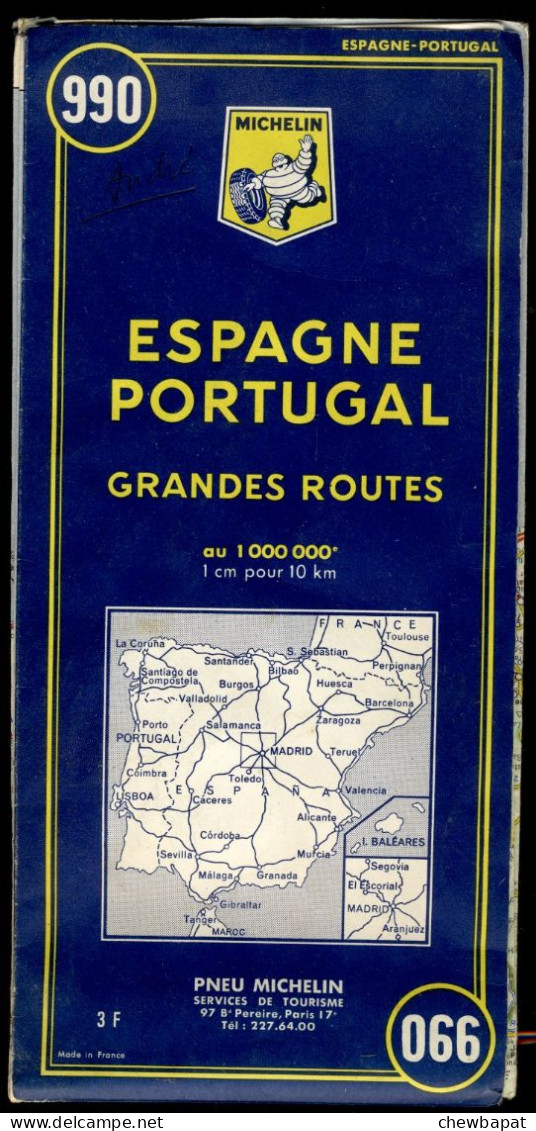 Carte Routière N° 990 Du Pneu Michelin - 1966 - Espagne Portugal - Espana Portugal - 11,5 X 25 Cm - Cartes Routières