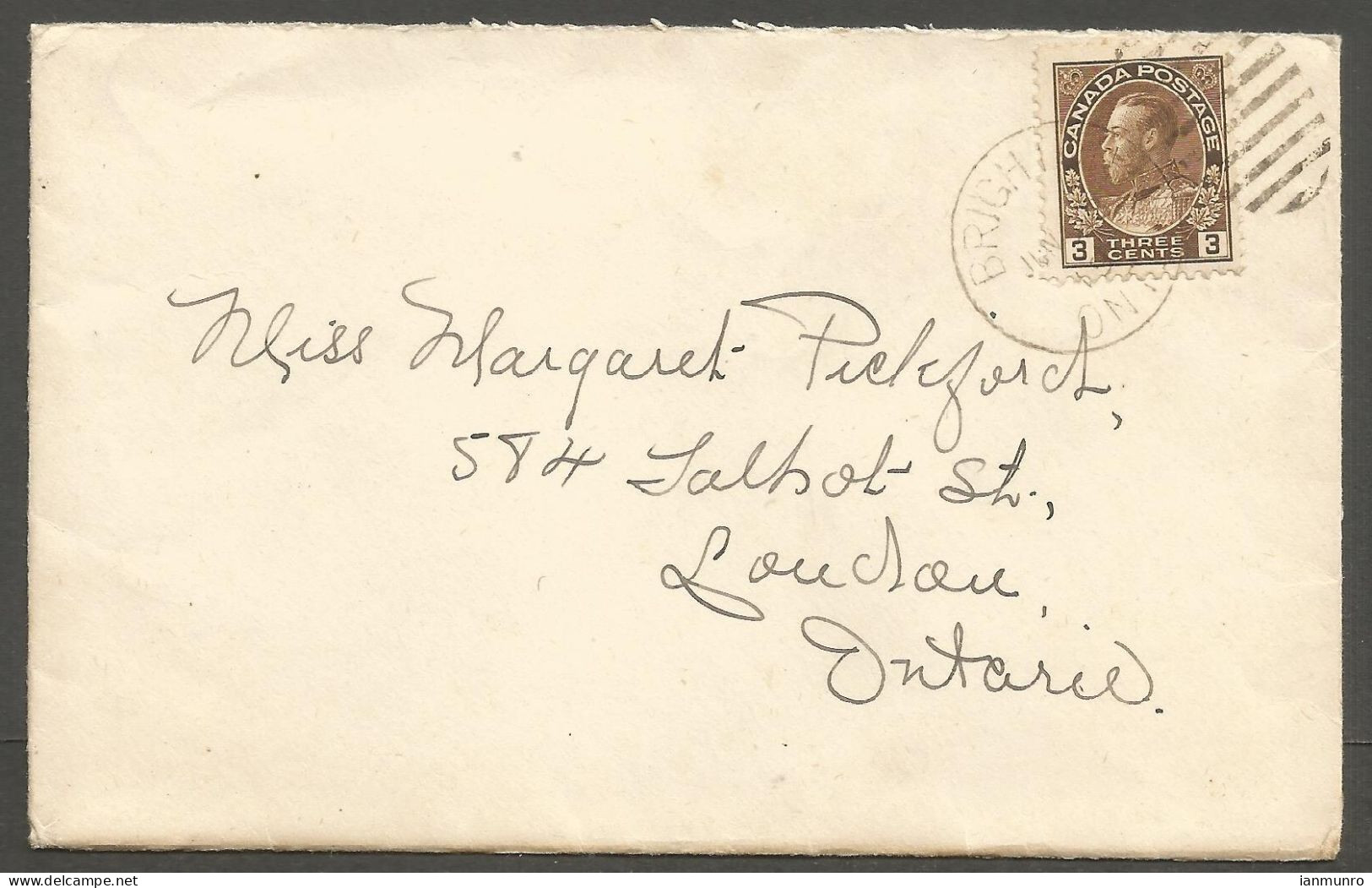 1915 Cover 3c Admiral Duplex Brighton To London Ontario - Storia Postale