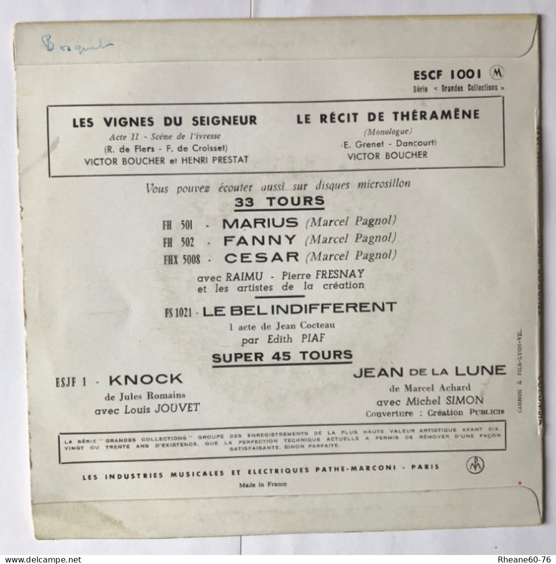 Columbia ESCF 1001 - Super 45T - Victor Boucher Et Henri Prestat - Les Vignes Du Seigneur (le Récit De Théramène) - Special Formats