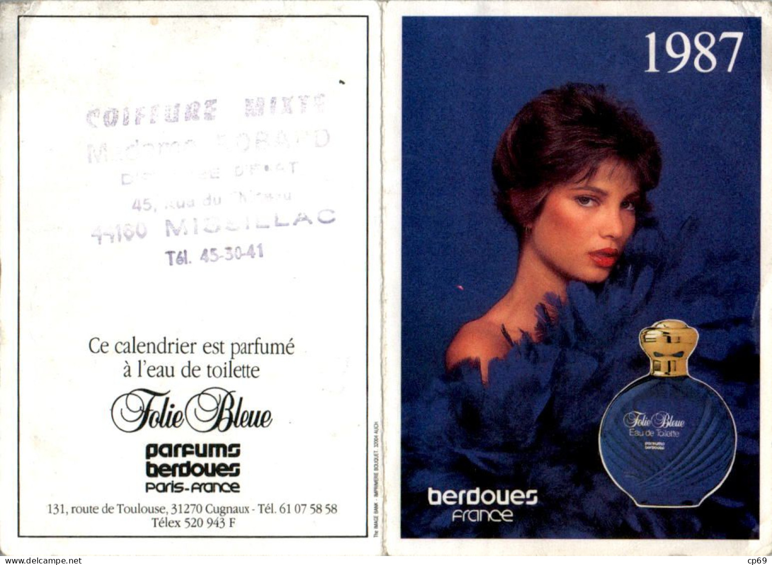 Calendrier De Poche 1987 Parfum Berdoues Folie Bleue Eau De Toilette En B.Etat - Kleinformat : 1981-90