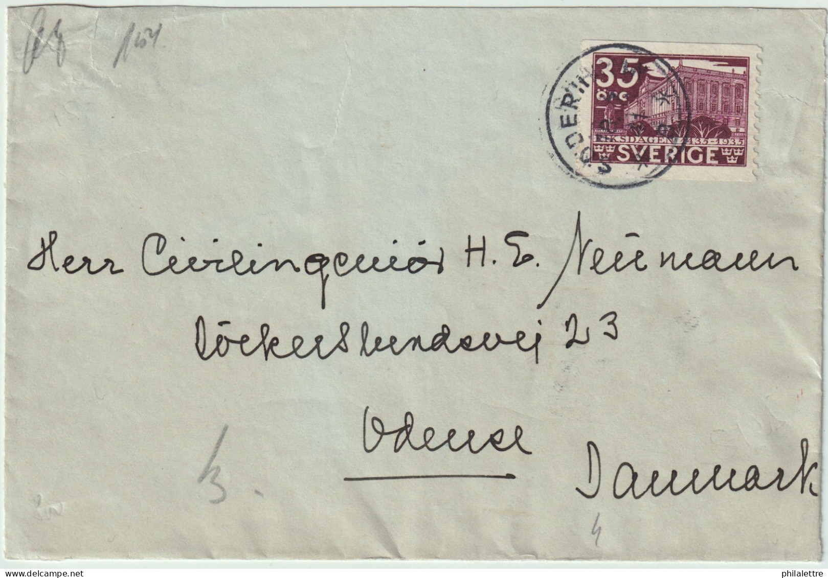 SUÈDE / SWEDEN 1941 Facit.244 35 öre Violet-carmine On (Danish) Censored Cover From SÖDERHAMN To ODENSE, Denmark - Briefe U. Dokumente