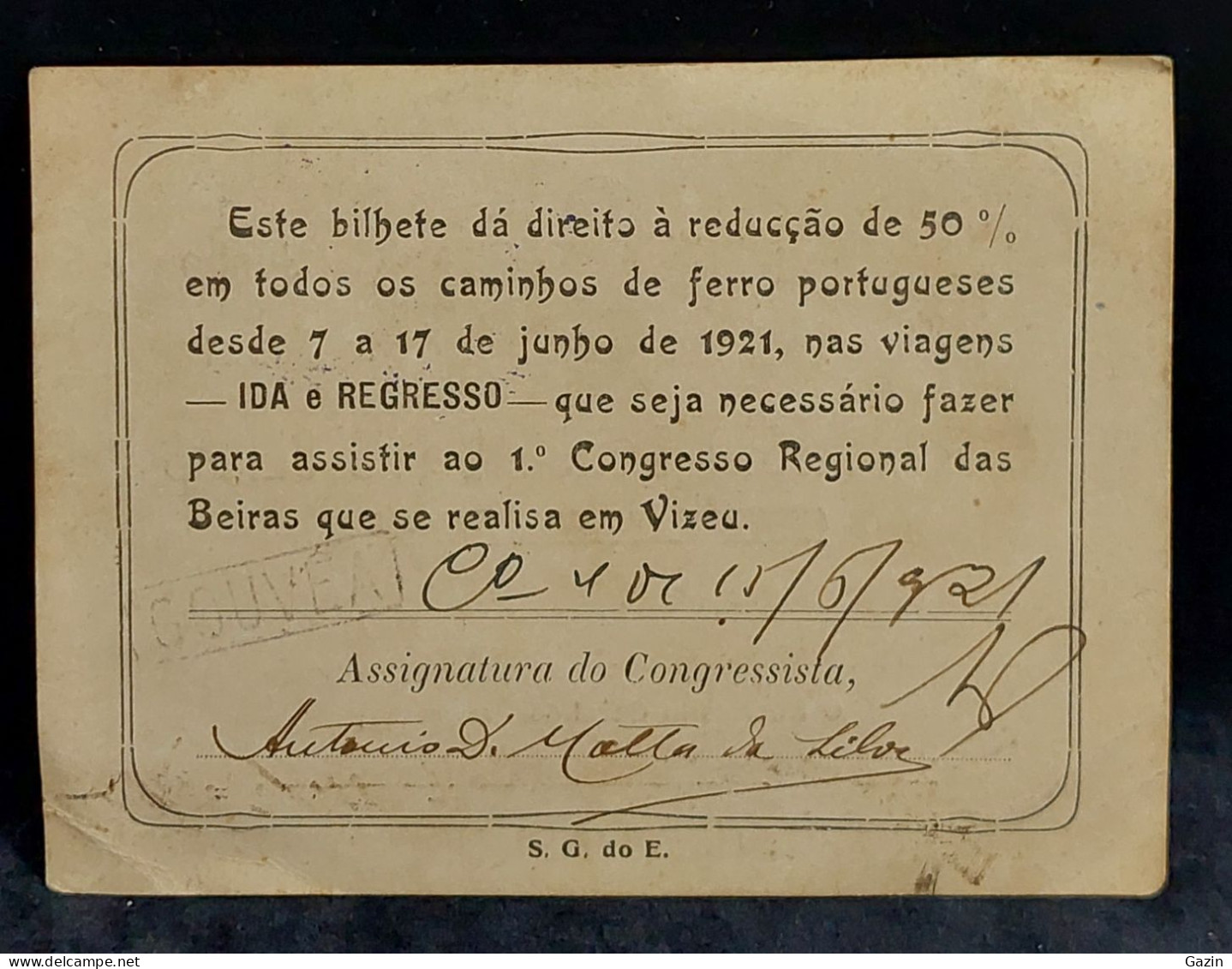 C6/9 - Bilhete * 1º Congresso Regional Das Beiras * 1921 * Vizeu * Caminhos Ferro * Portugal - Otros & Sin Clasificación
