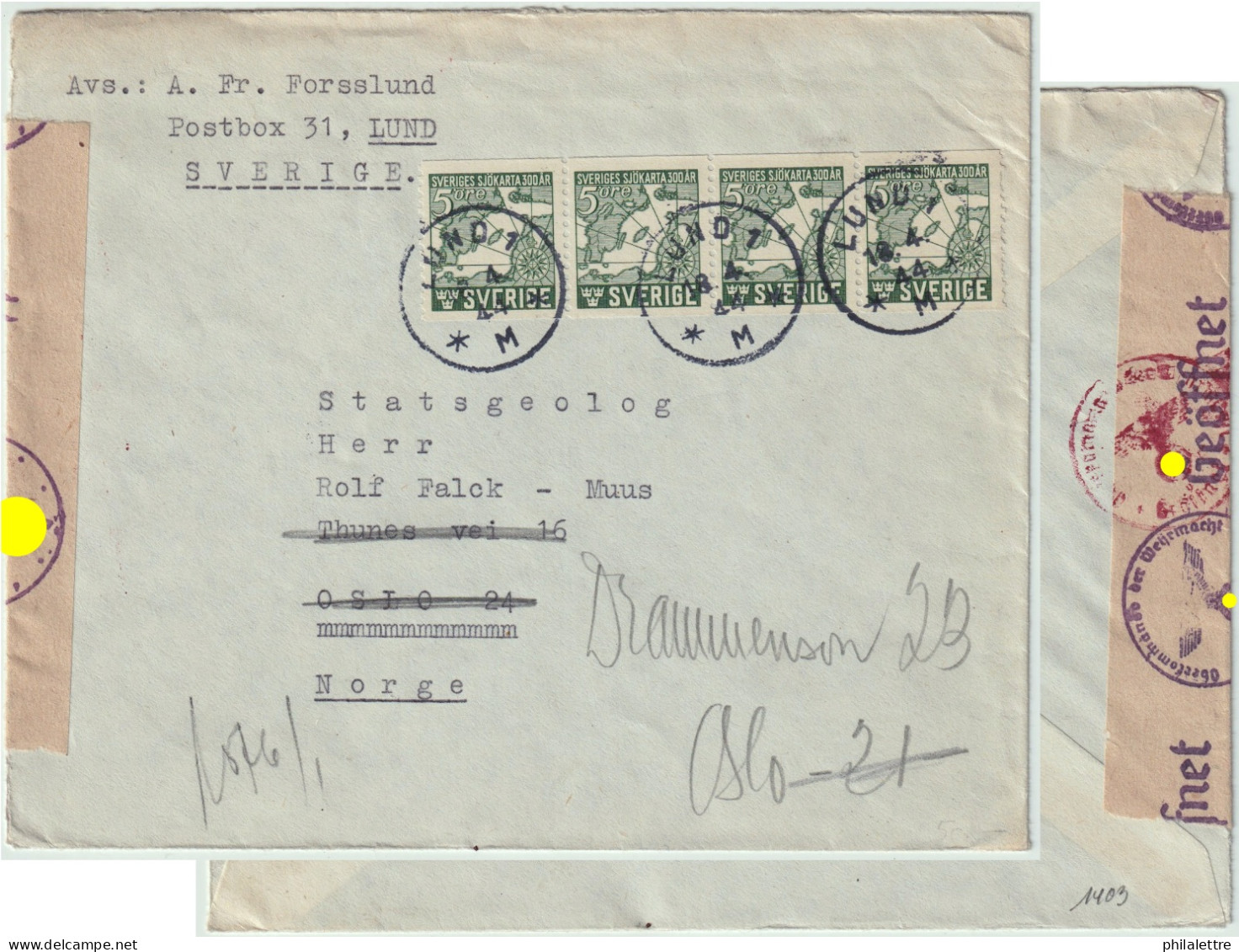 SUÈDE / SWEDEN 1944 Strip Of 4xFacit.351A 5 öre Green On (German) Censored Cover From LUND To OSLO, Norway - Storia Postale