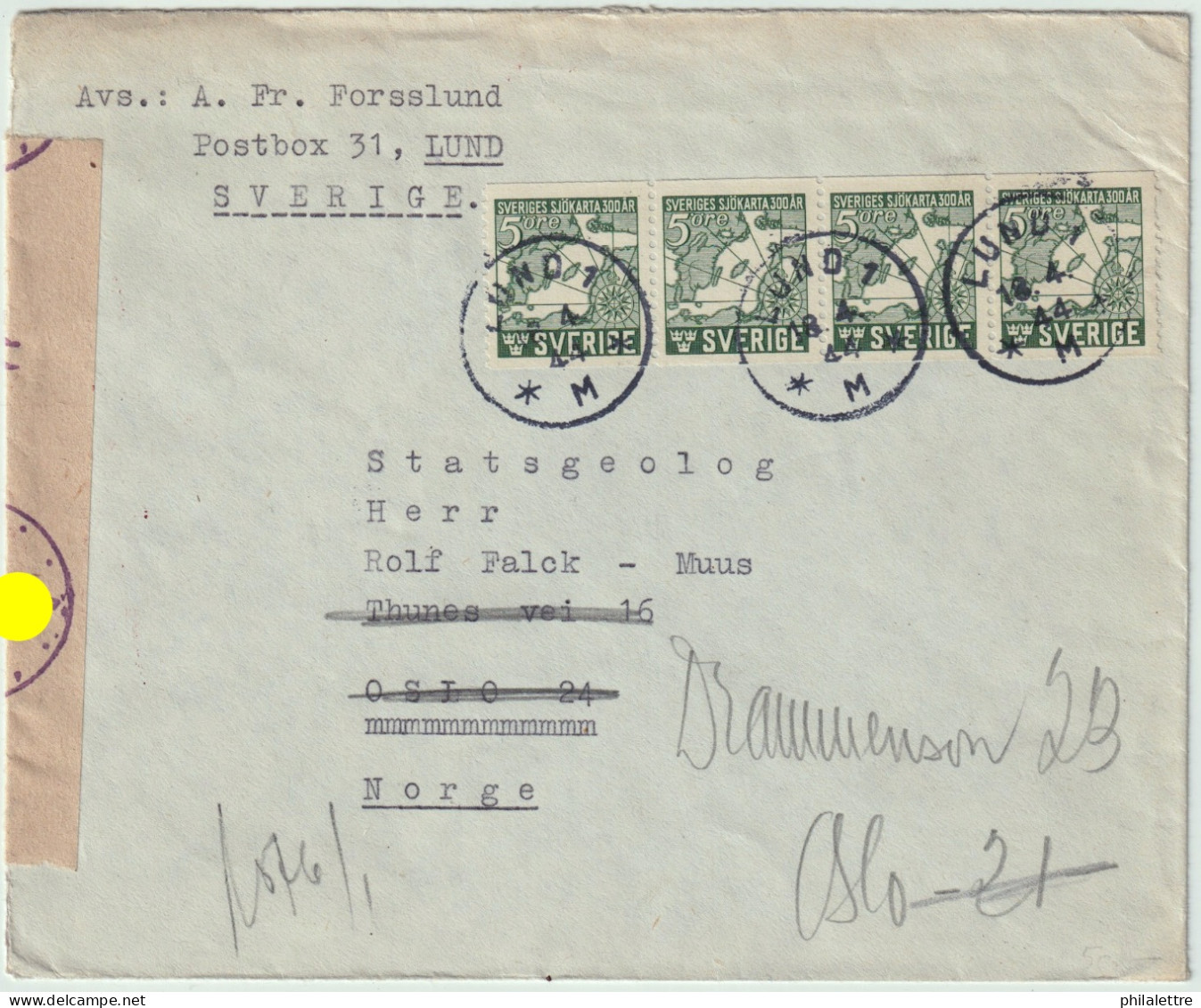 SUÈDE / SWEDEN 1944 Strip Of 4xFacit.351A 5 öre Green On (German) Censored Cover From LUND To OSLO, Norway - Covers & Documents