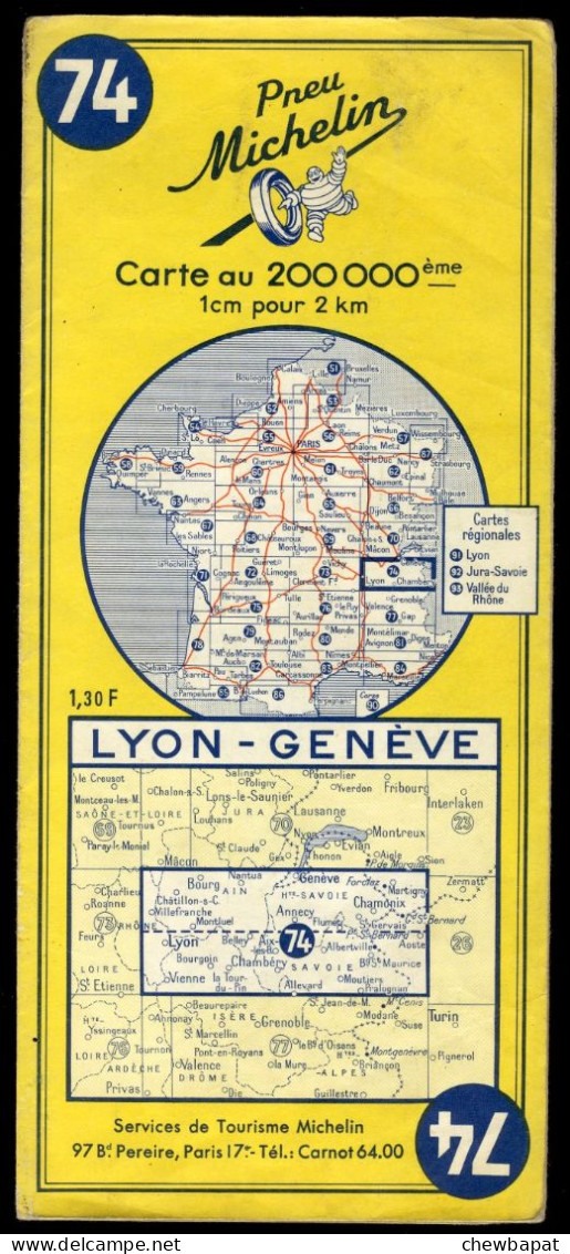 Carte Routière N° 74 Du Pneu Michelin - Lyon Genève - 11,5 X 25 Cm  - 1963 - Cartes Routières