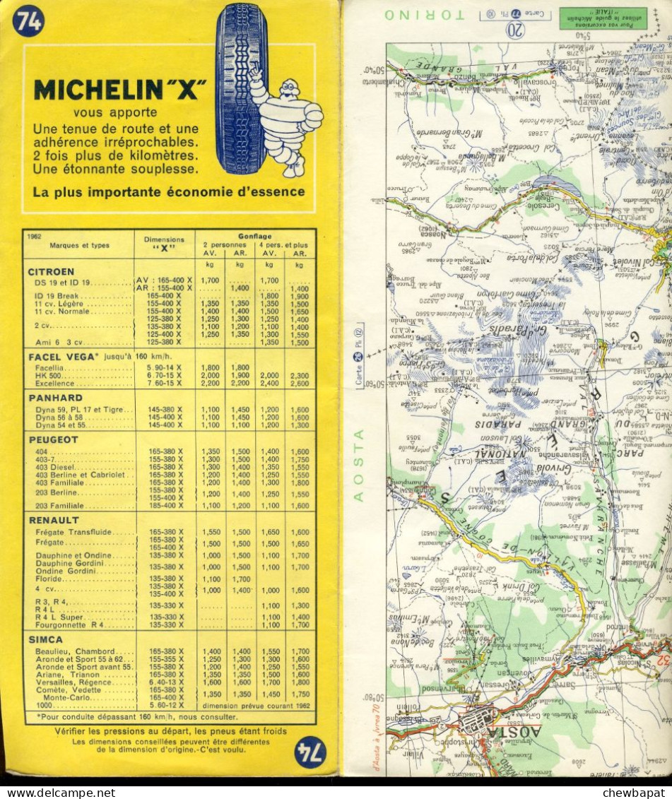 Carte Routière N° 74 Du Pneu Michelin - Lyon Genève - 11,5 X 25 Cm  - 1963 - Cartes Routières