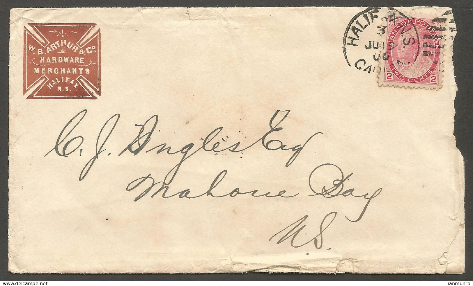 1900 Hardware Merchant Advertising Cover 2c Numeral Duplex Halifax Nova Scotia W B Arthur - Postgeschichte