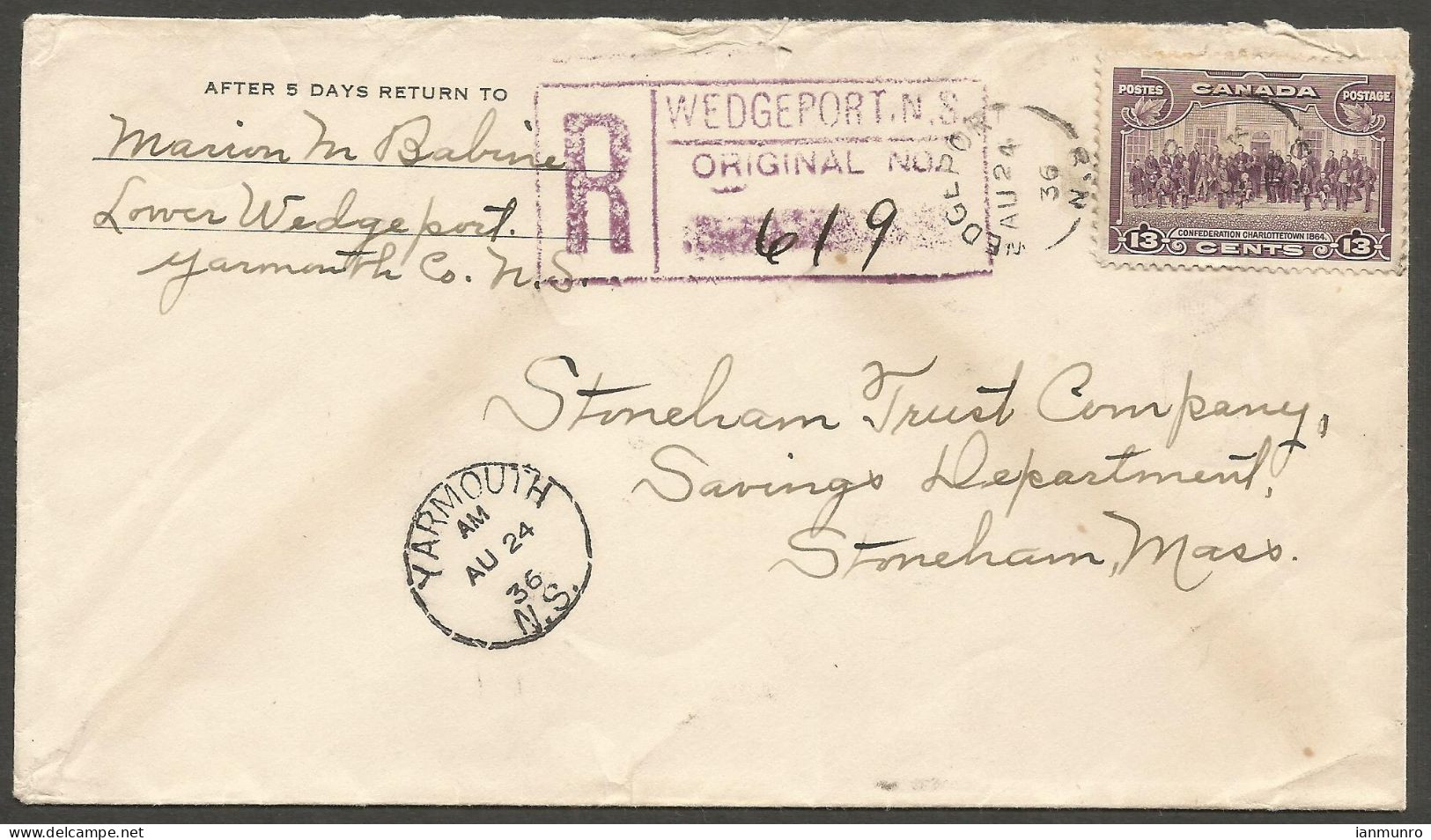 1936 Registered Cover 13c Charlottetown #224 Split Ring Wedgeport Nova Scotia To USA - Storia Postale