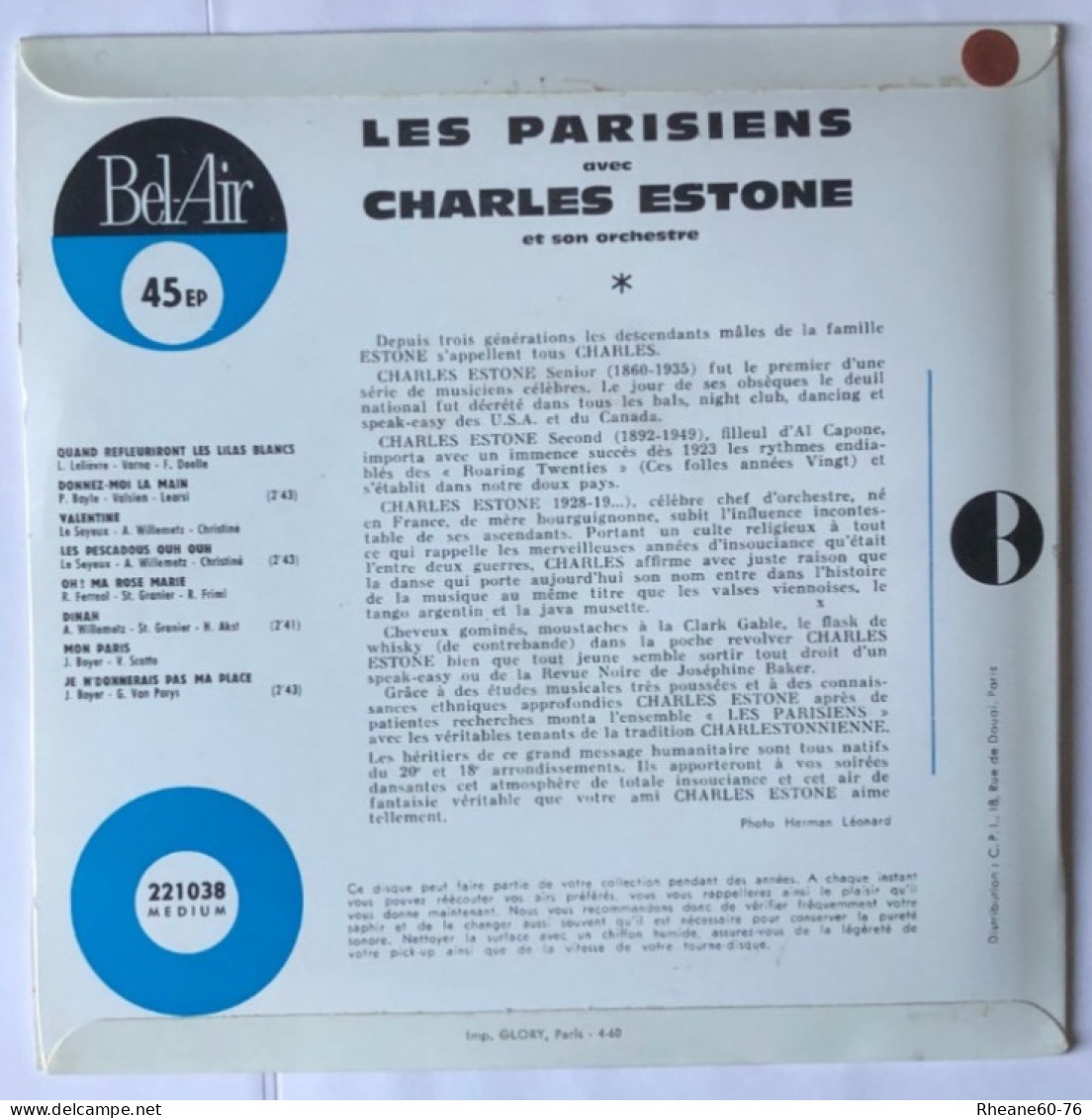 Bel-Air 221038 - 45T EP - Les Parisiens Avec Charles Estone Et Son Orchestre - Charleston - Speciale Formaten