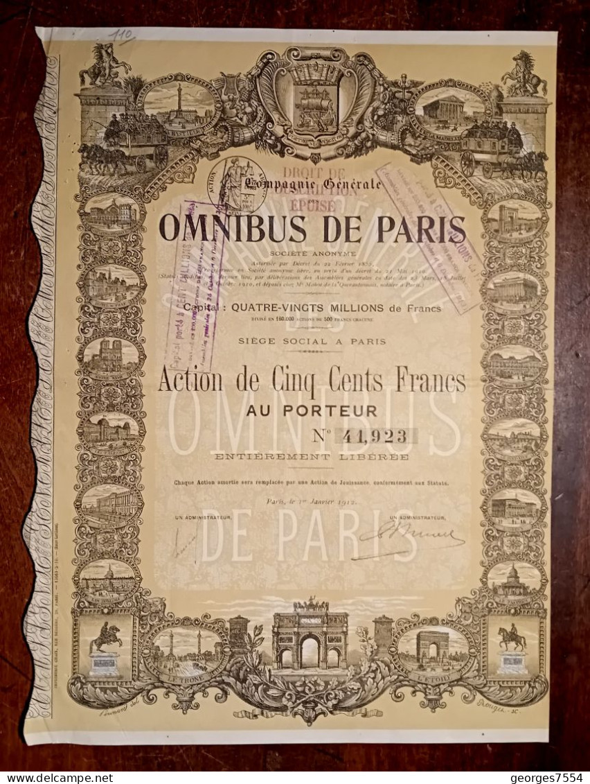 ACTION  DE 500 Fr. - OMNIBUS DE PARIS  1912 - Transports
