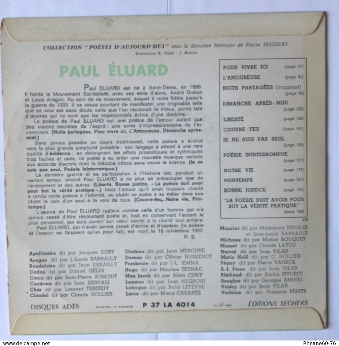 ADES P 37 LA 4014 - 33T (format 45) - Paul Eluard Dit Par Gérard Philippe - Poésies - Haute Fidélité Microsillon Incassa - Speciale Formaten