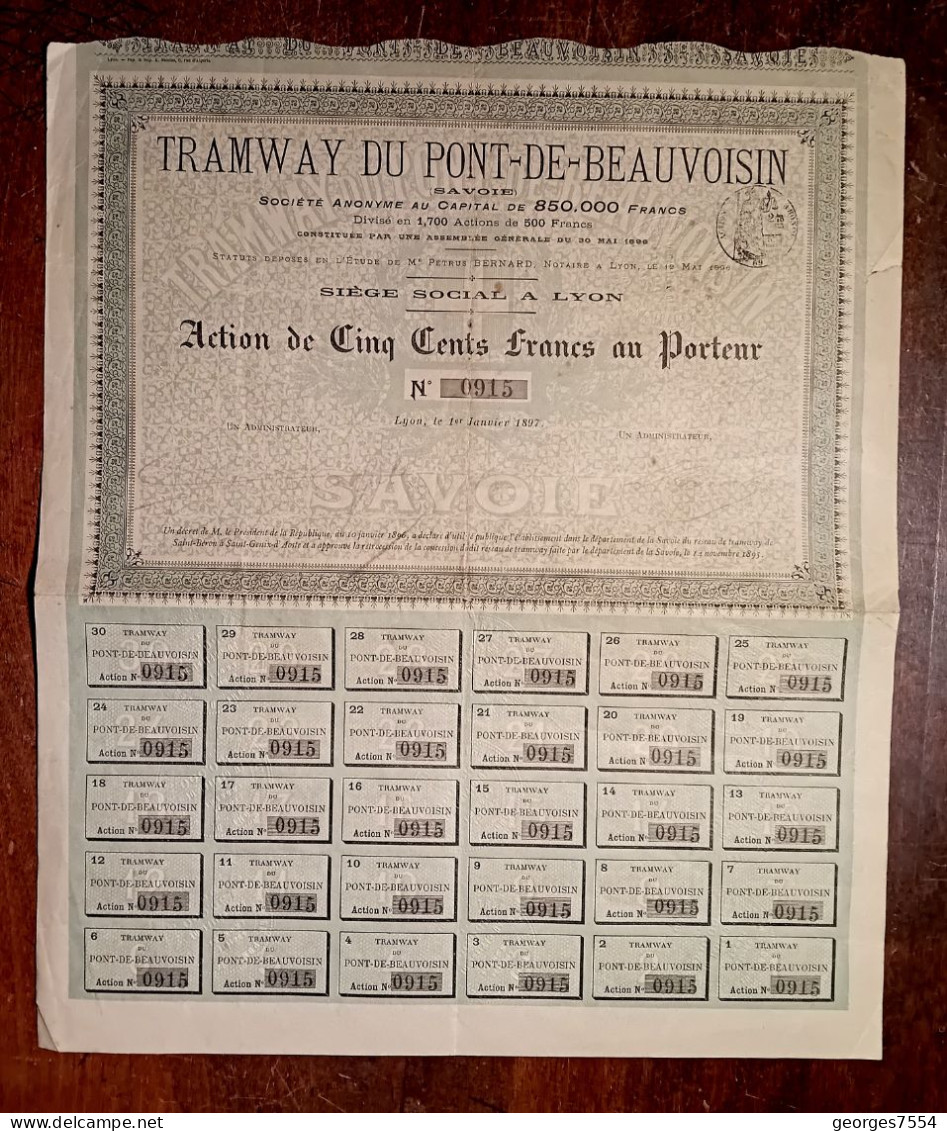 ACTION  DE 500 FR. TRAMWAY DU PONT-DE-BEAUVOISIN 1897 - Transporte