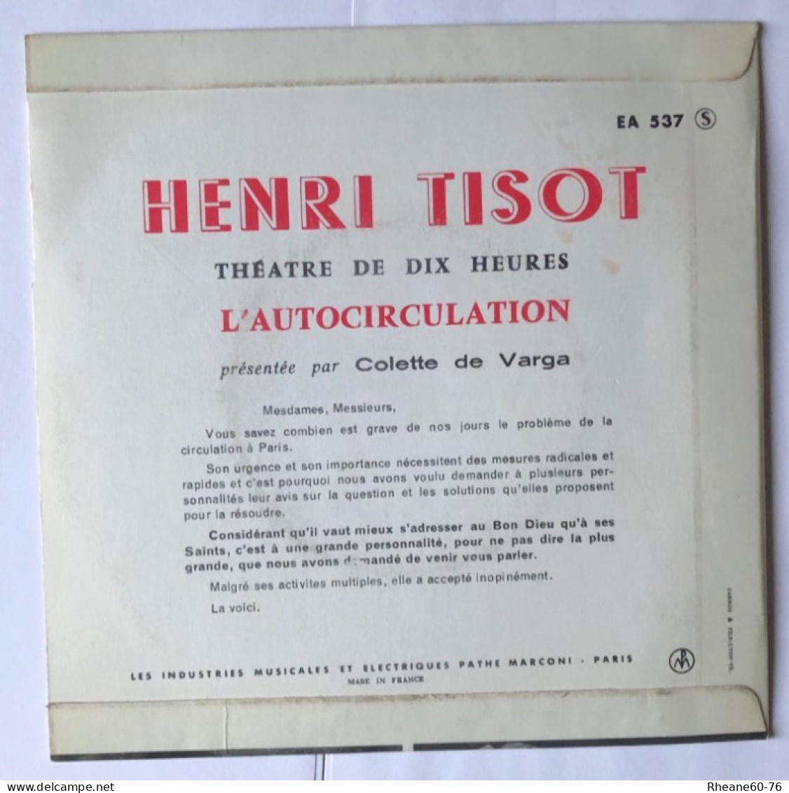 Pathé EA 537 Super 45T - Henri Tisot Au Théâtre De 10 Heures - L’autocirculation - Special Formats
