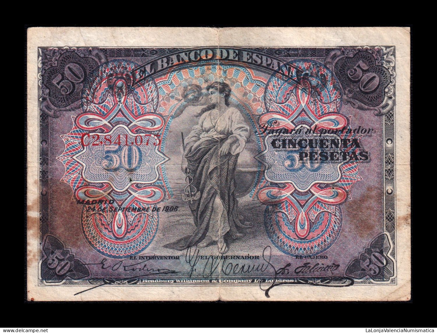 España Spain 50 Pesetas Alegorias 1906 Pick 58a Serie C Bc/Mbc F/Vf - 50 Pesetas