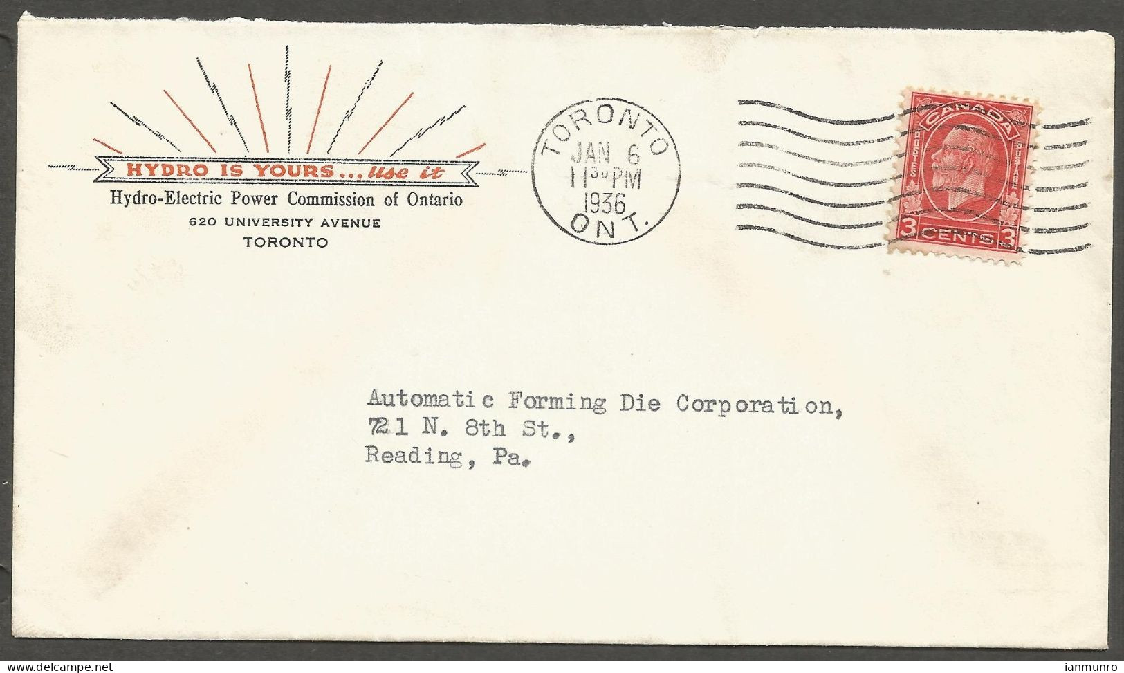 1936 Hydro Electric Power Commission Advertising Cover 3c Medallion Toronto Ontrt Nova Scotia To USA - Postgeschiedenis