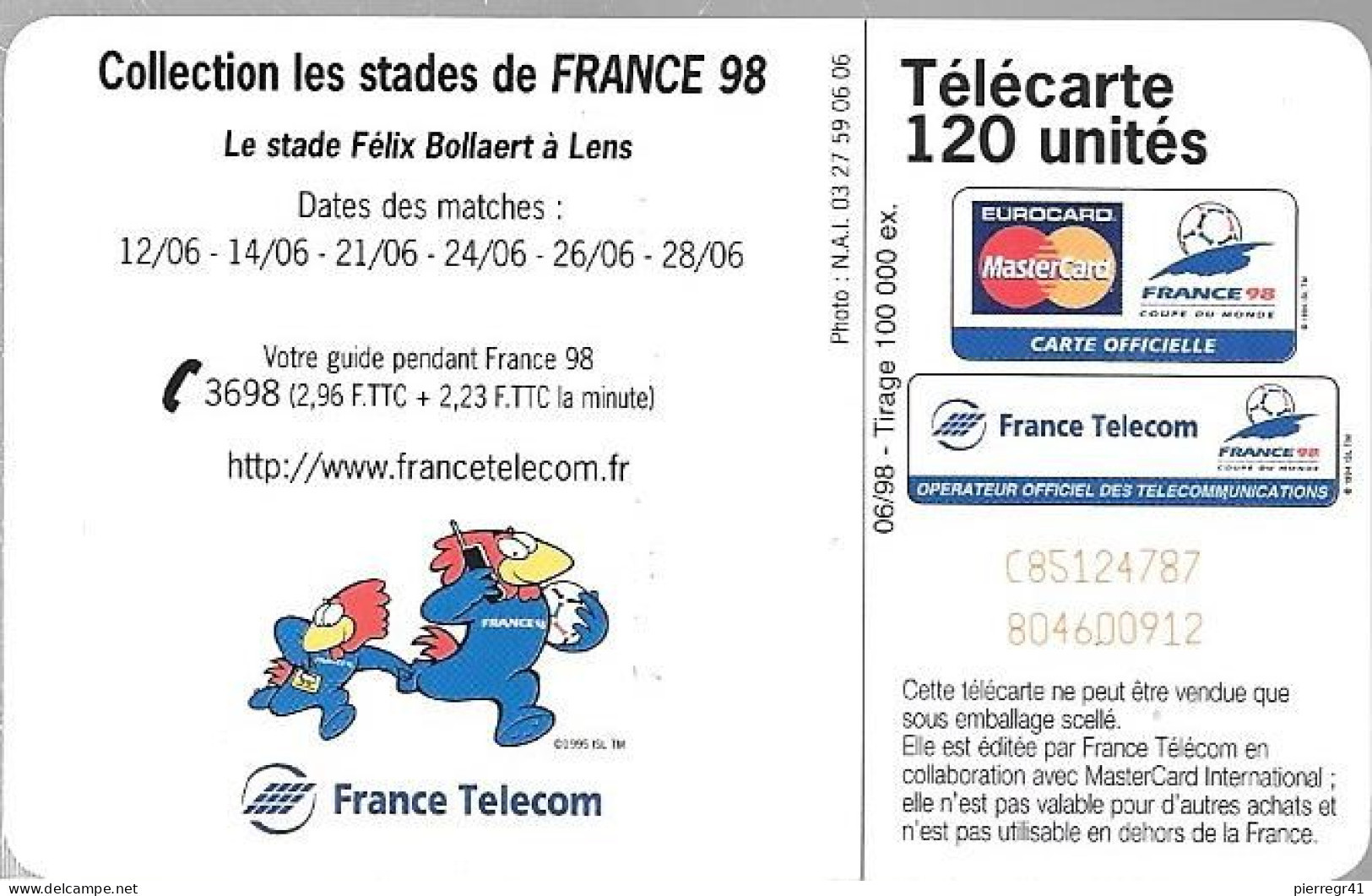 CARTE-PUCE-PUBLIC-F874-12 0U-SC7-LENS STADE DE FOOT-BOLLAERT--N°Etroits Série C85124780-N° Puce Com Par 8-TBE - 1998