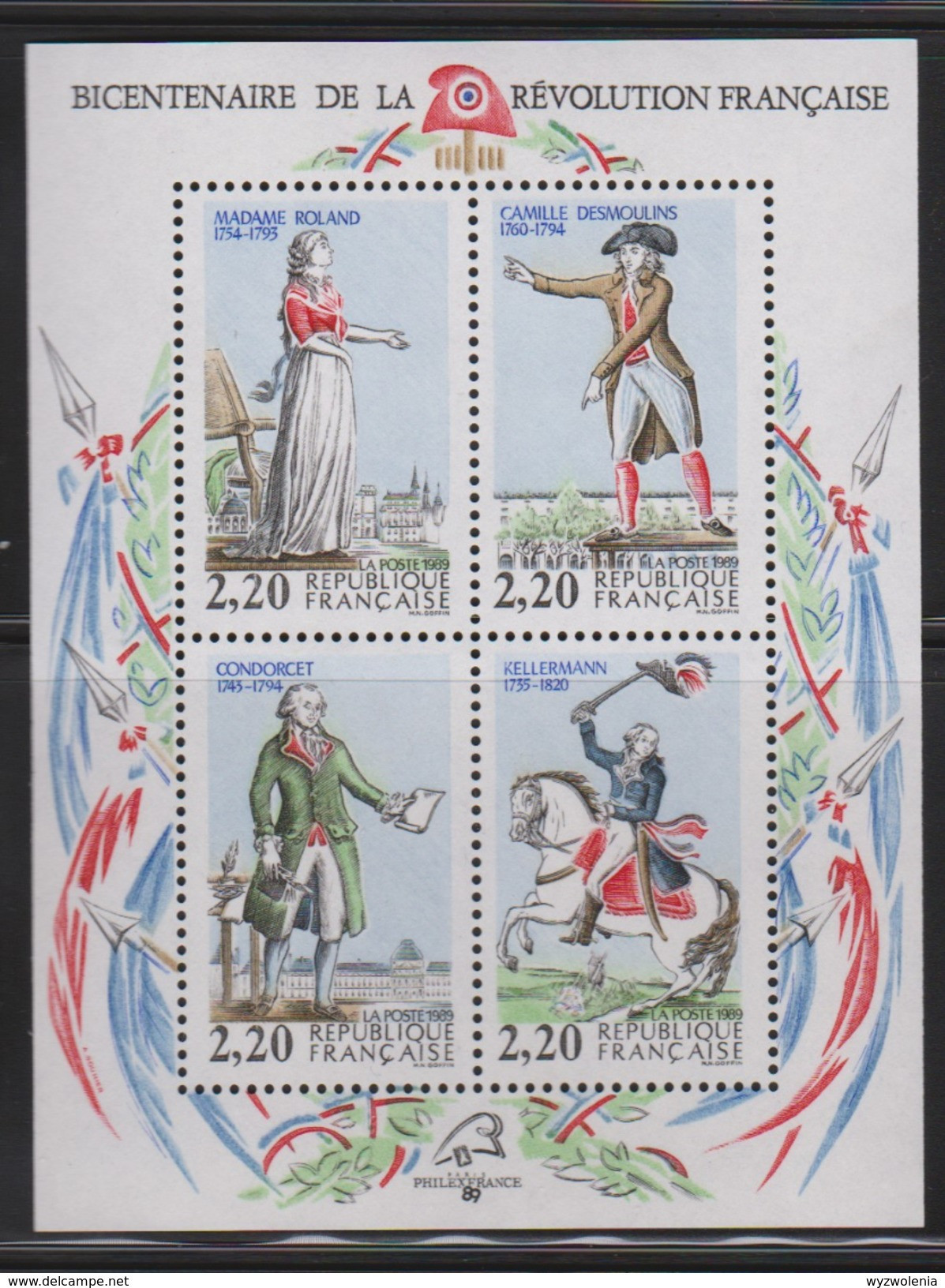 M 126) Frankreich 1989 Mi# 2724-2727 Bl. 8 **: Revolution, Mme Roland, Desmoulins, CONDORCET (Mathematiker), Kellermann - Franz. Revolution