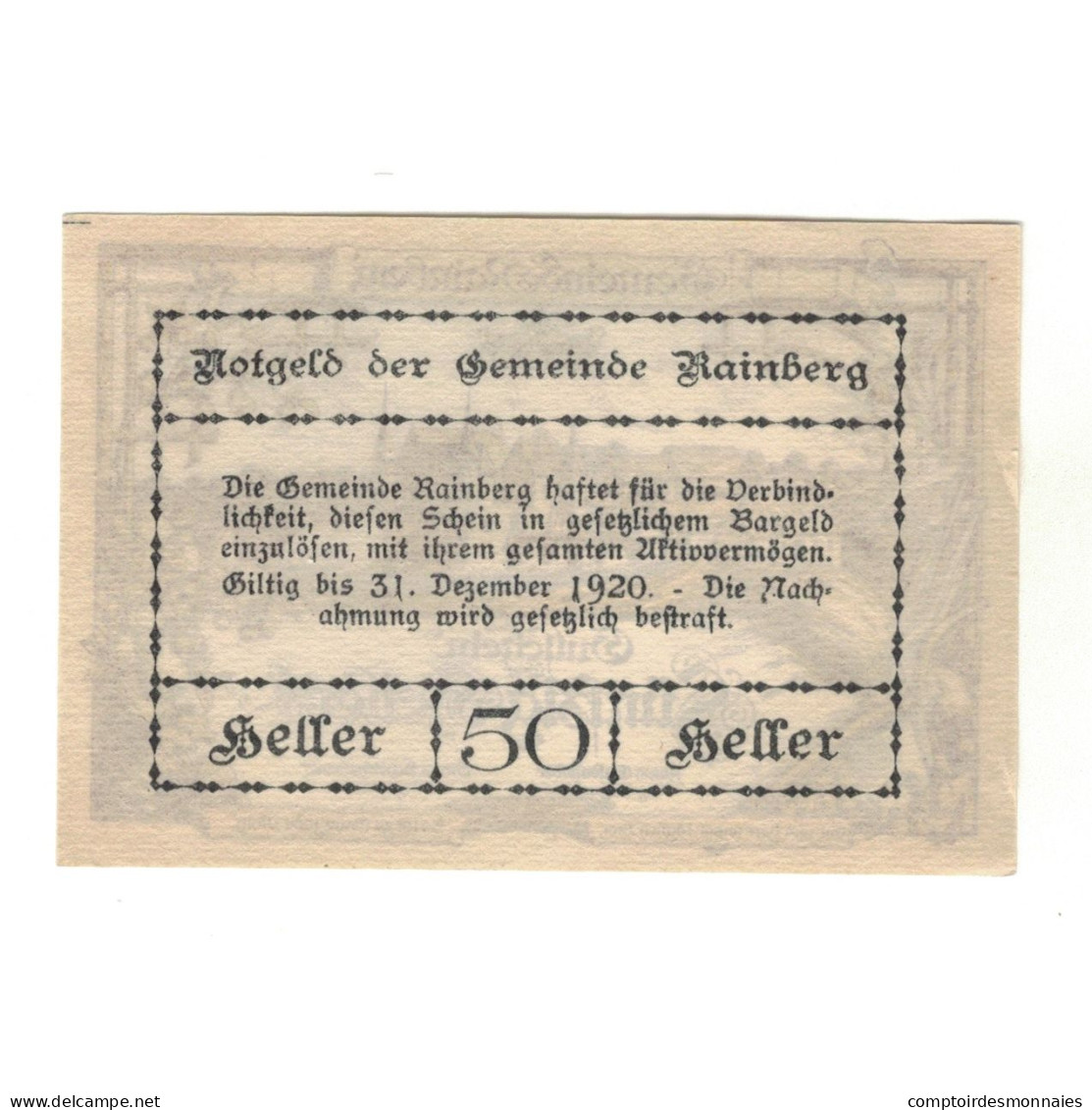 Billet, Autriche, Rainberg N.Ö. Gemeinde, 50 Heller, Texte, 1920, 1920-12-31 - Oesterreich