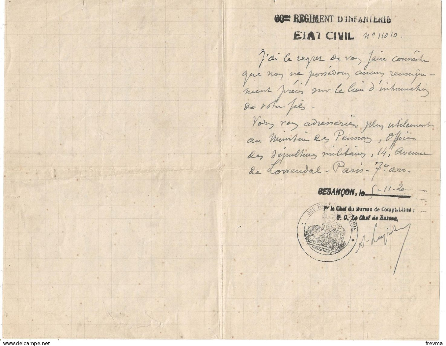 Lettre 60 Eme Regiment D'infanterie Etat Civil  1920 - Cachets Généralité