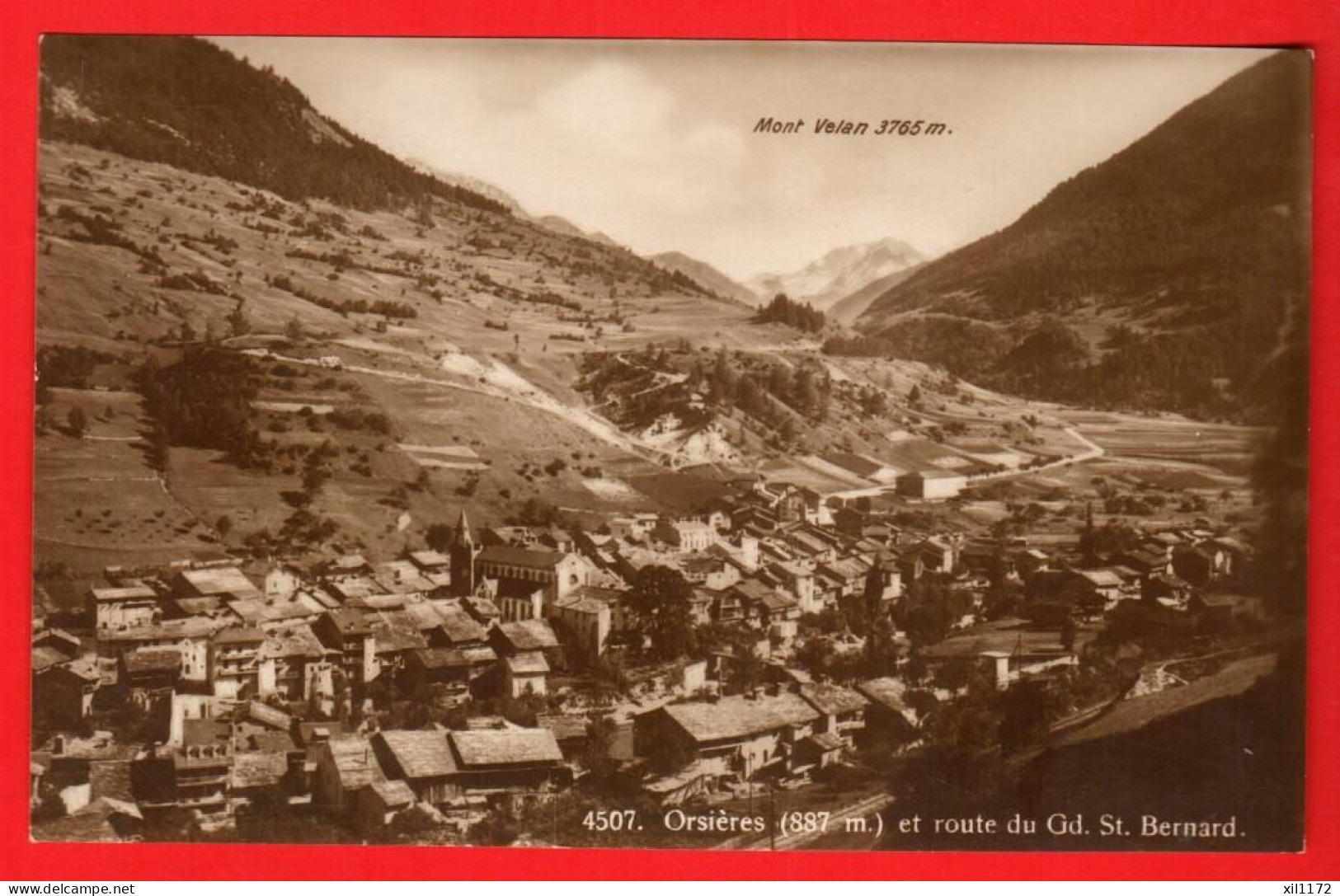 XZJ-02  Orsières Et La Route Du Grand Saint-Bernard. Mont Velan Sepia.  Phototypie 4507  Cachet Militaire - Orsières