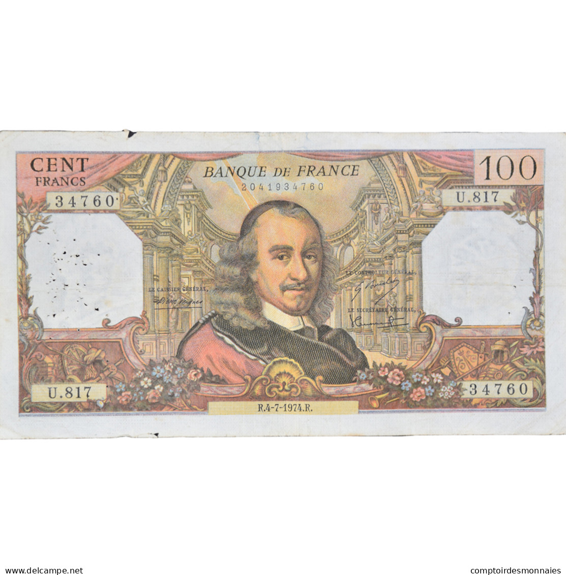 France, 100 Francs, Corneille, 1974, U.81734760, TB, Fayette:65.46, KM:149d - 100 F 1964-1979 ''Corneille''