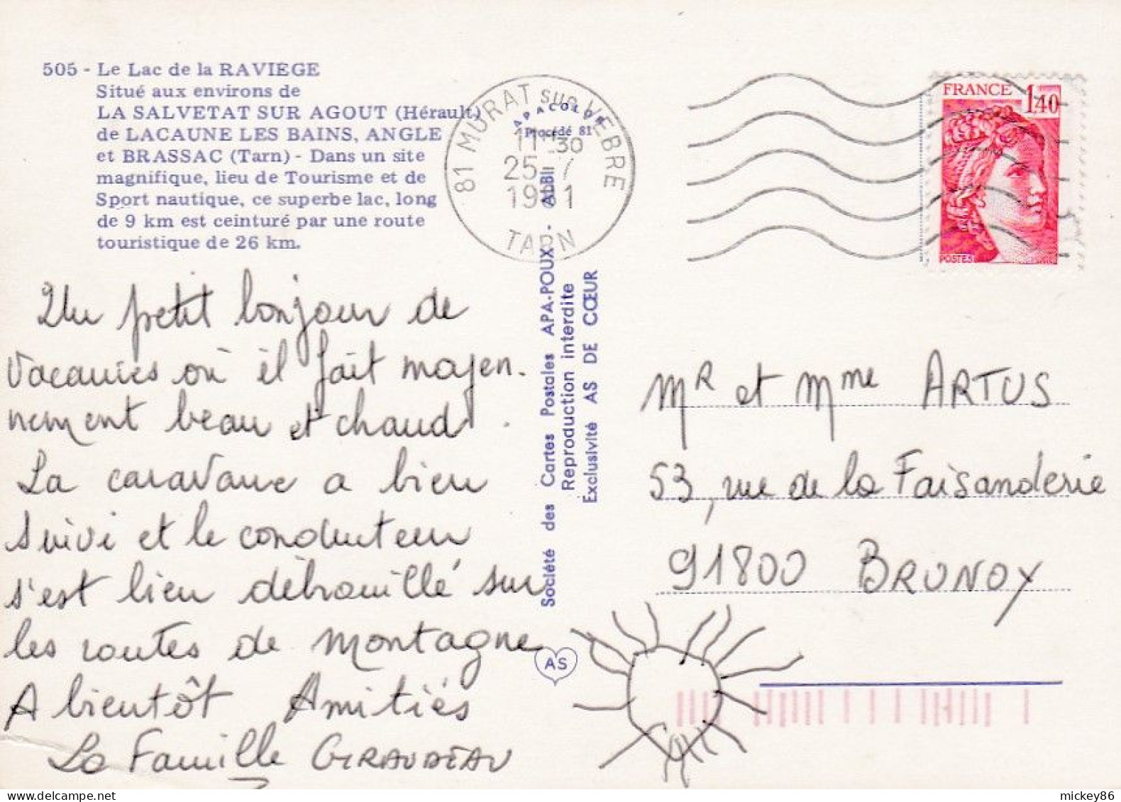 LA SALVETAT SUR AGOUT --1981--Le Lac De La Raviège  (bateaux , Voile) ..cachet MURAT SUR VEBRE-81 - La Salvetat