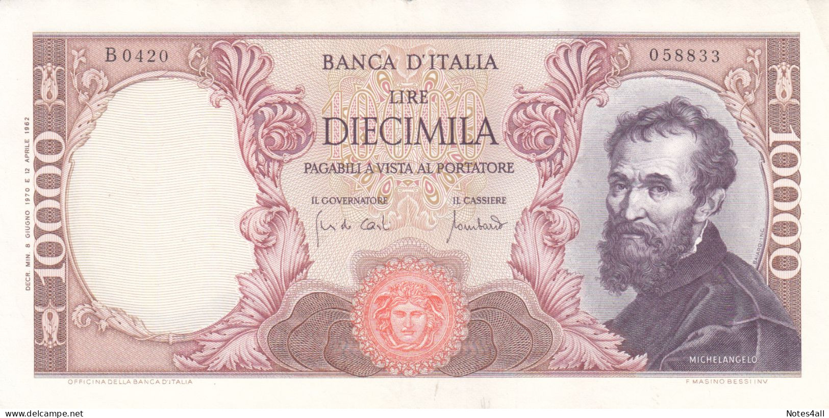 ITALY 10000 LIRE 1962 P- 97 EF+ SERIES B - Giordania