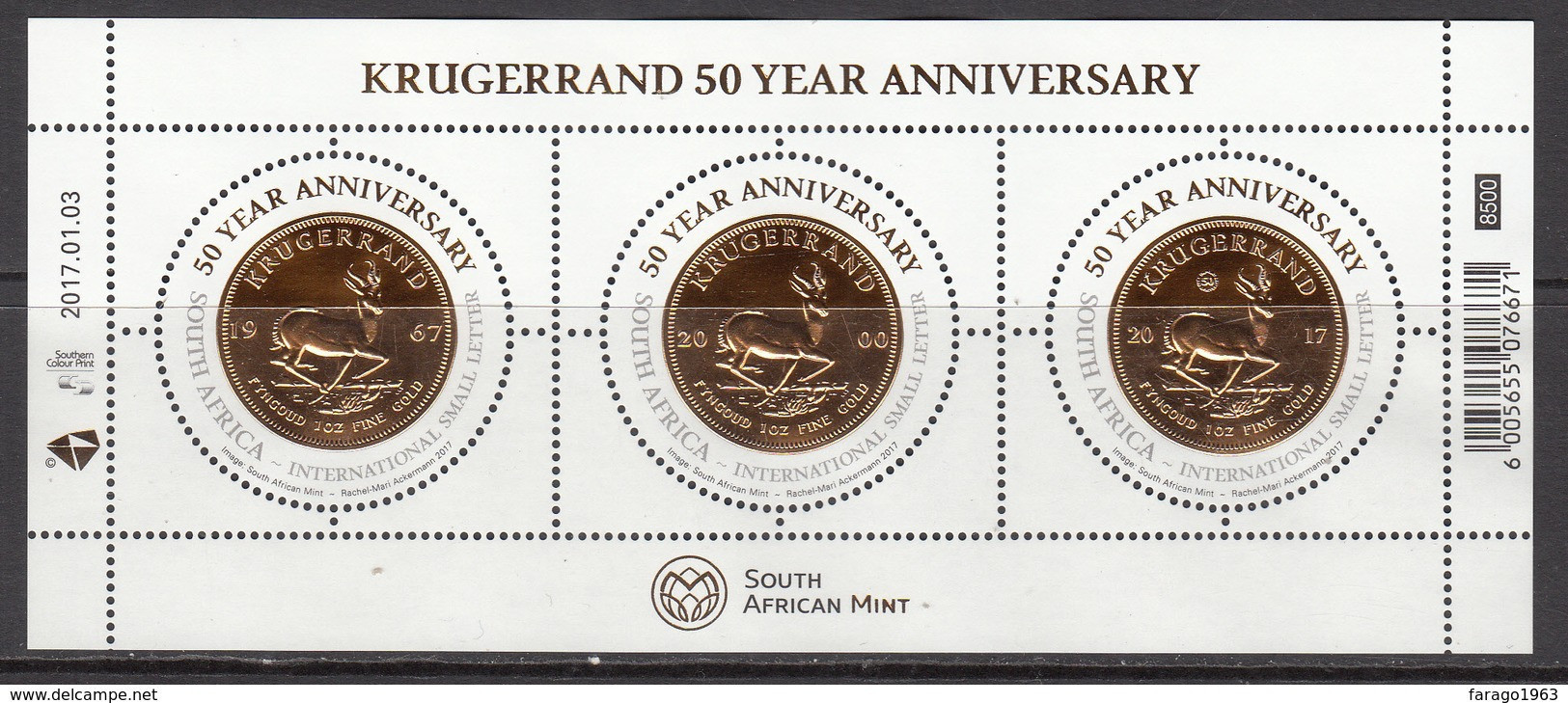 2017 South Africa Kruggerrand Coins Gold Souvenir Sheet MNH - Unused Stamps