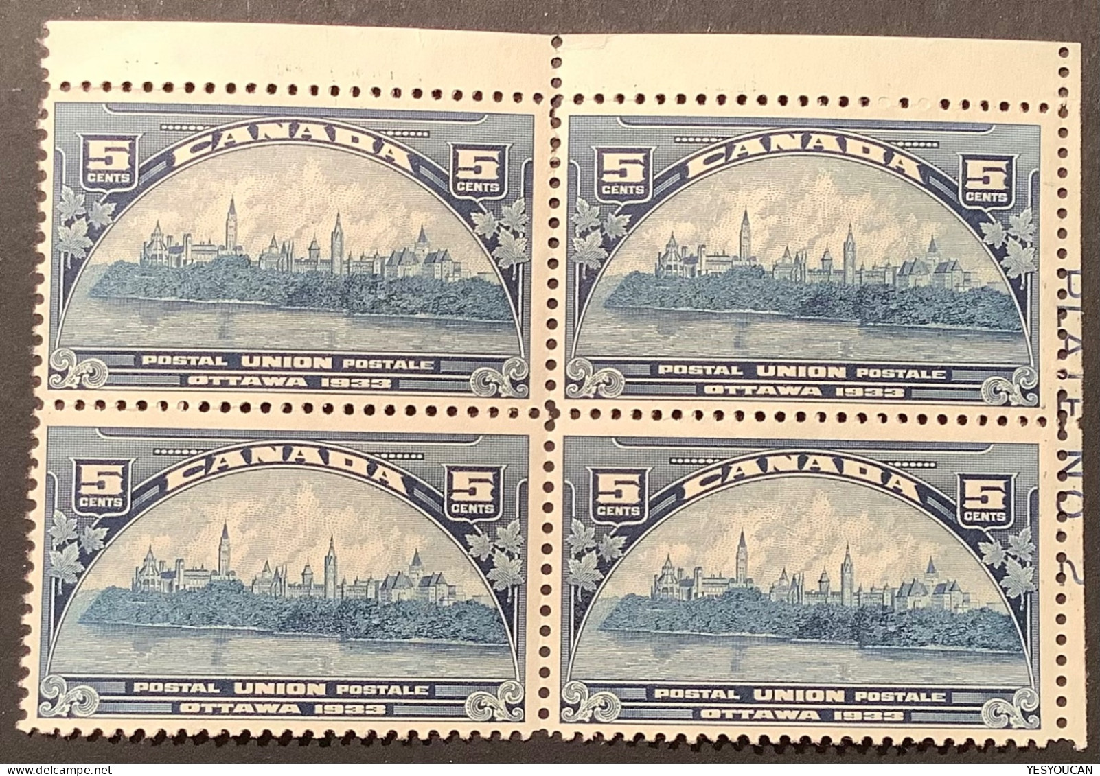 1933 5c Congress Postal Union Ottawa UPU */** MNH Plate Block Of 4, Sc.202/Y&T 168, Fresh ! - Unused Stamps
