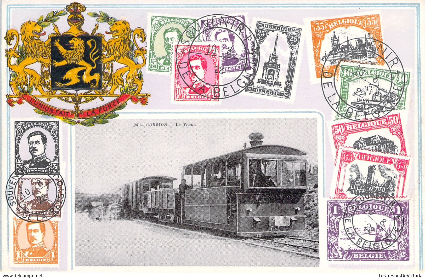 BELGIQUE - Corbion - Le Tram - Tramway - Representation Timbres - Carte Postale Ancienne - Stamps (pictures)
