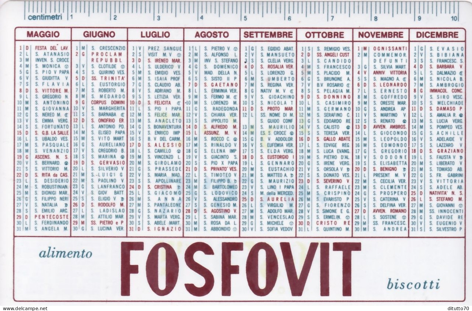 Calendarietto - Alimento Fosfovit Biscotti - Siracusa - Anno 1966 - Petit Format : 1961-70