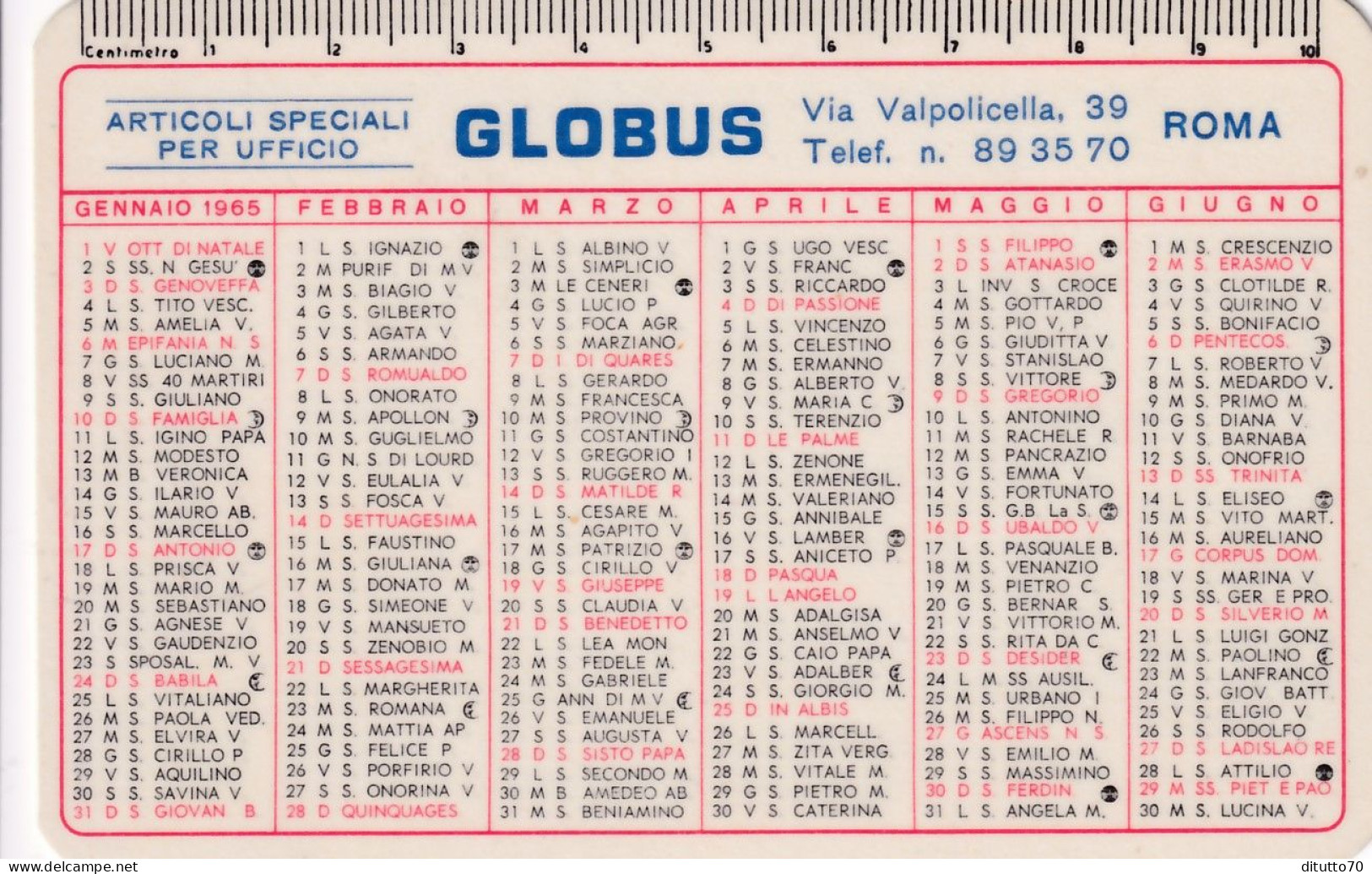 Calendarietto - Articoli Speciali Per Uffici - Globus - Roma - Anno 1965 - Petit Format : 1961-70