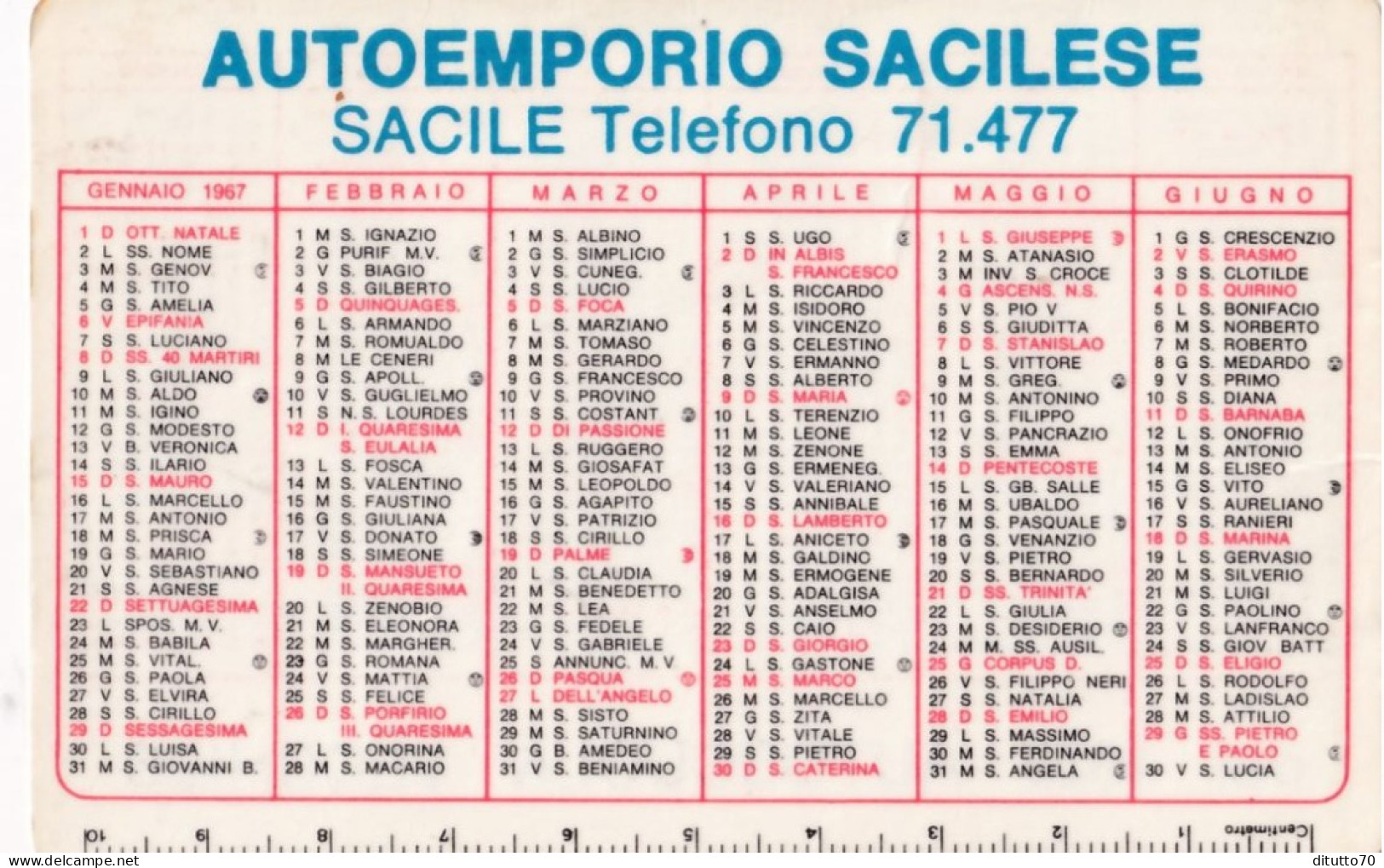 Calendarietto - Autoemporio Sacilise - Salice - Anno 1967 - Petit Format : 1961-70