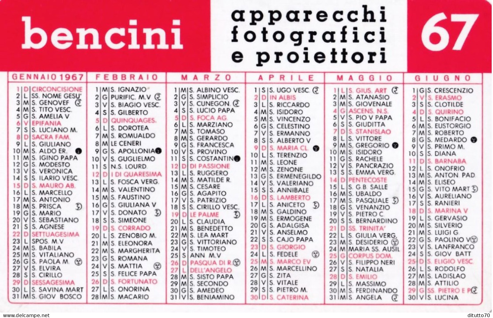 Calendarietto - Bencini - Apparecchi Fotografici - Anno 1967 - Petit Format : 1961-70