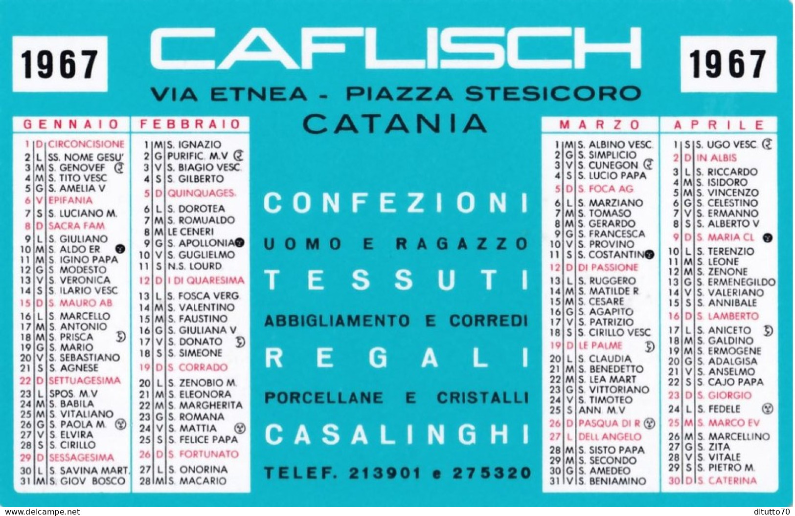 Calendarietto - Caflisch - Catania -anno 1967 - Petit Format : 1961-70