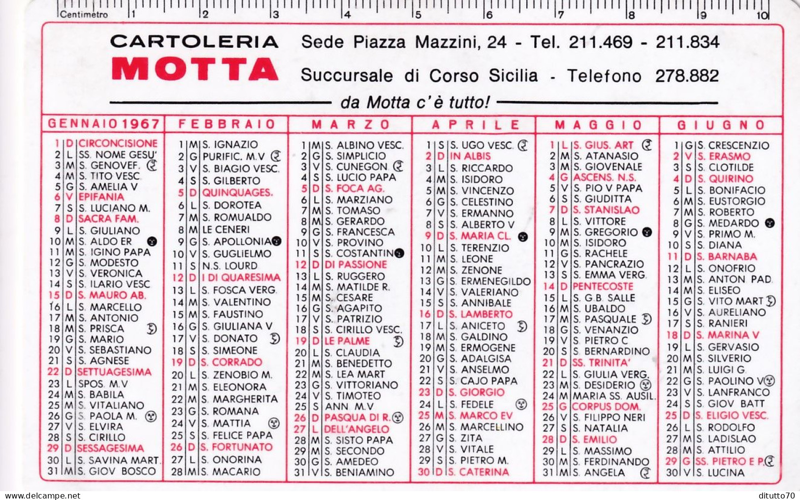 Calendarietto - Cartoleria Motta - Anno 1967 - Petit Format : 1961-70