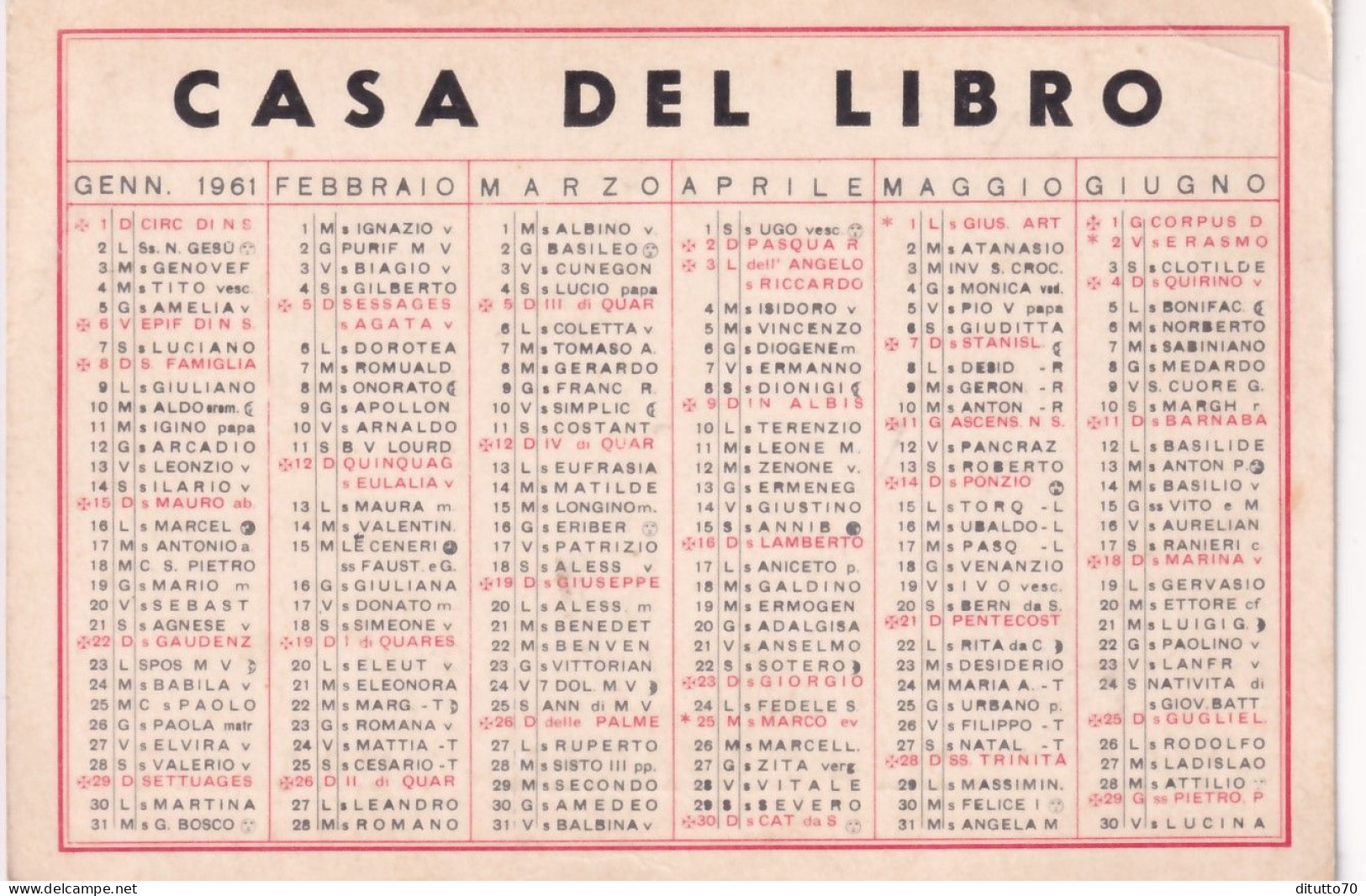 Calendarietto - Casa Del Libro - Anno 1961 - Petit Format : 1961-70